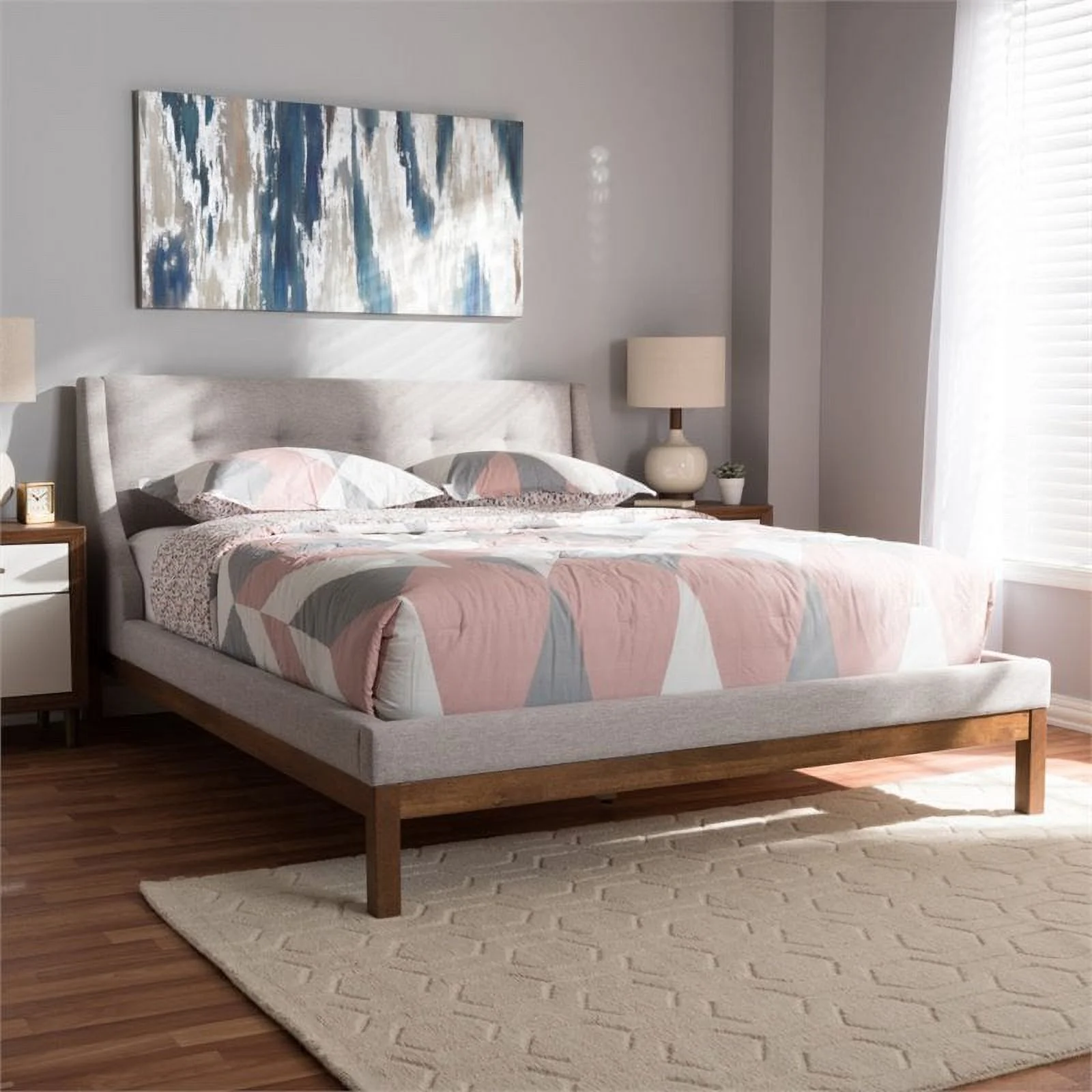 Baxton Studio Louvain Contemporary/Modern Rubberwood Tufted Platform Bed, Queen, Greyish Beige/Brown