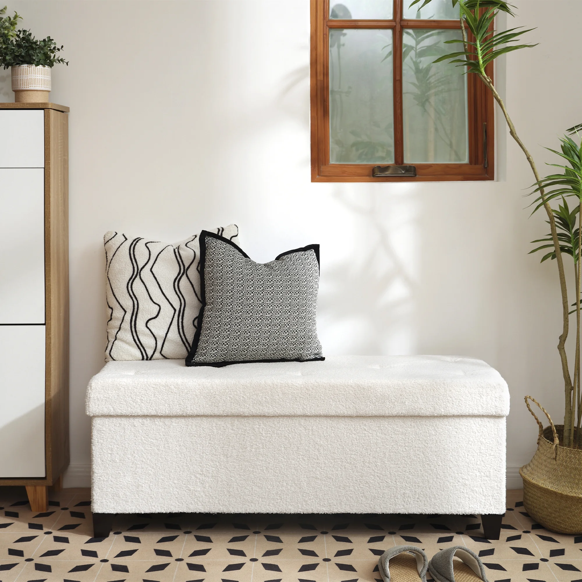 Fabric Storage Ottoman, Bench for Entryway and Bedroom, White
