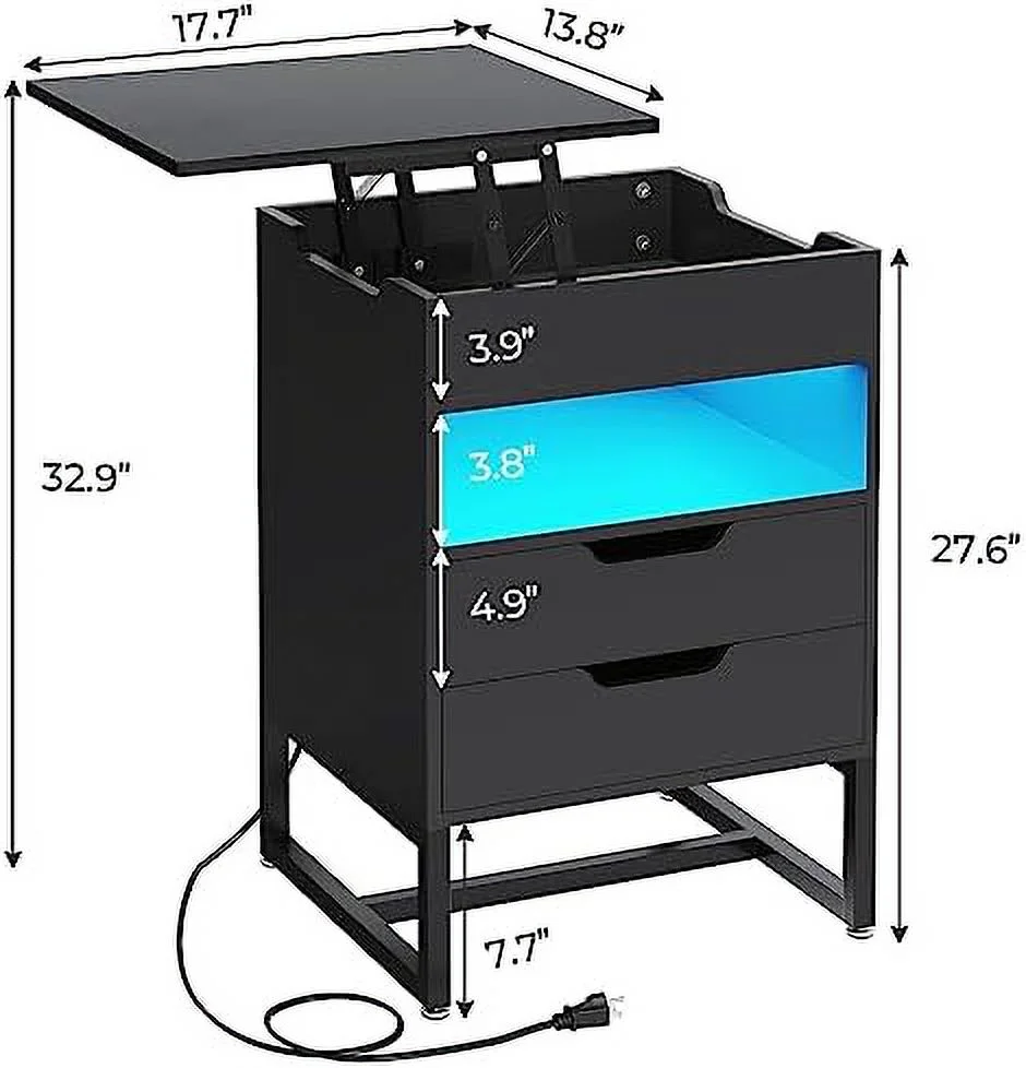 TJUNBOLIFE Nightstand with Charging Station and LED Lights Reversible Lift Top End Table with 2 Drawers Black Bedside Table for Bedroom