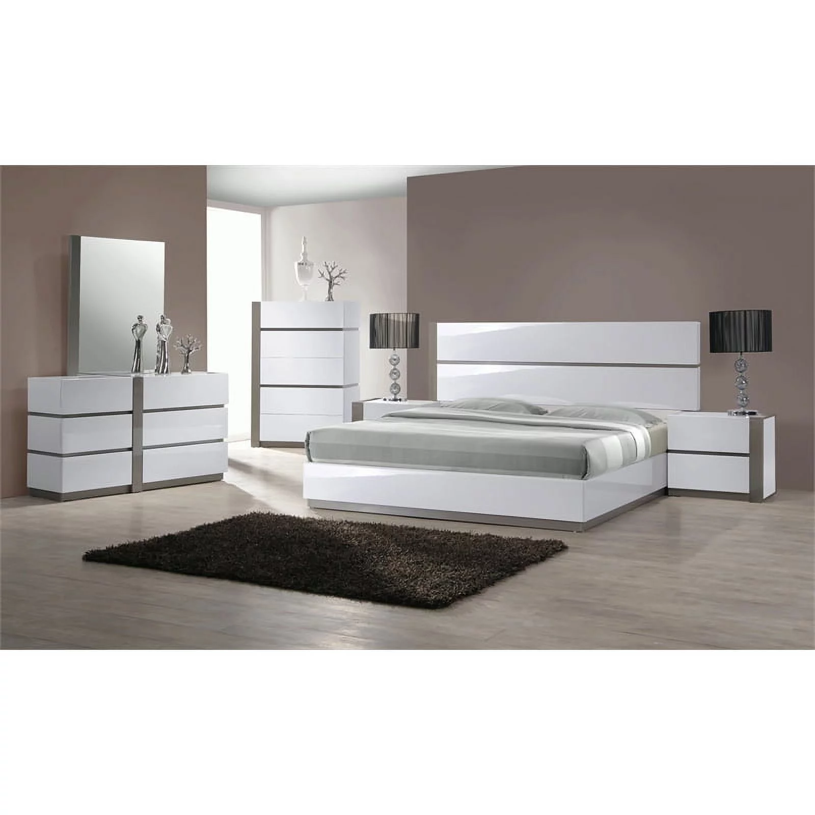 Milan Valencia Modern Gloss White & Grey 5-Piece King-Size Bedroom Set