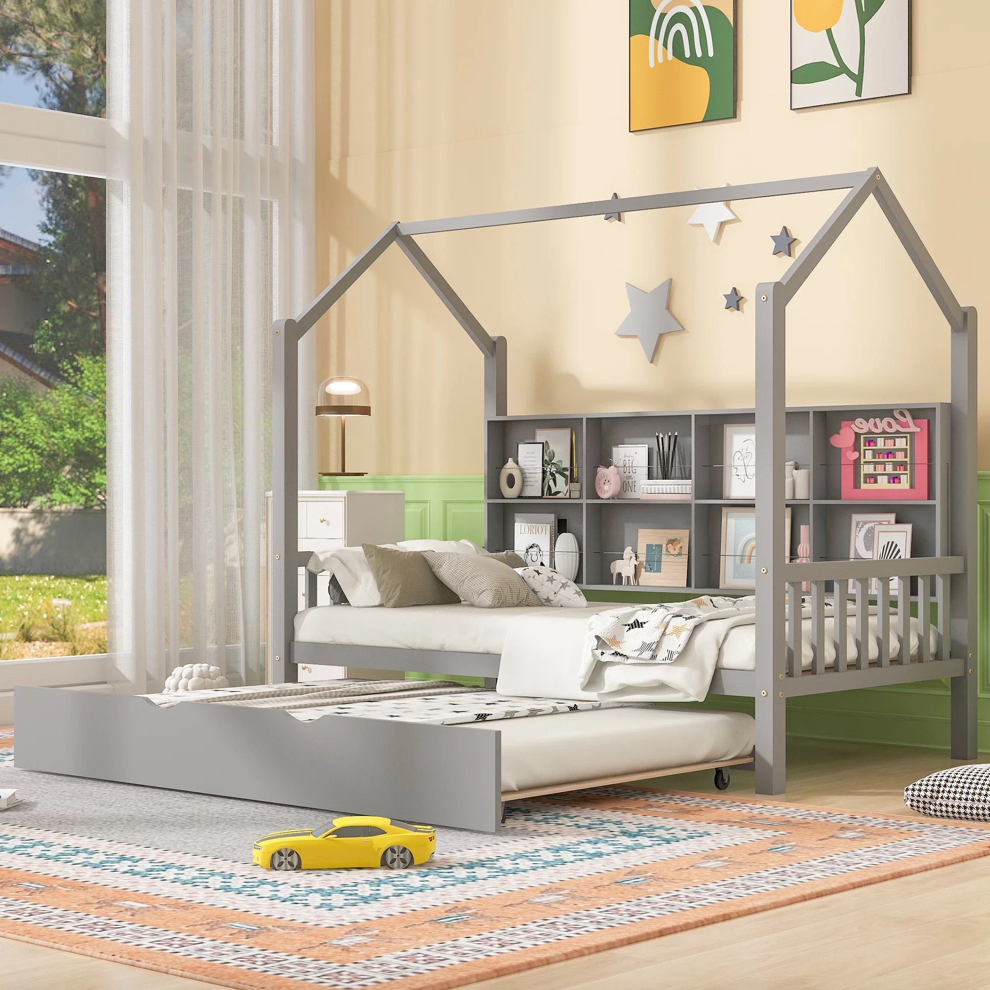 Wooden Tent Bed with Roof and Twin Size Trundle Design for Toddlers, Twin Size House Beds with Shelf, Wood Loft Bed Frame Bedroom Furniture for Girls Boys(Gray)
