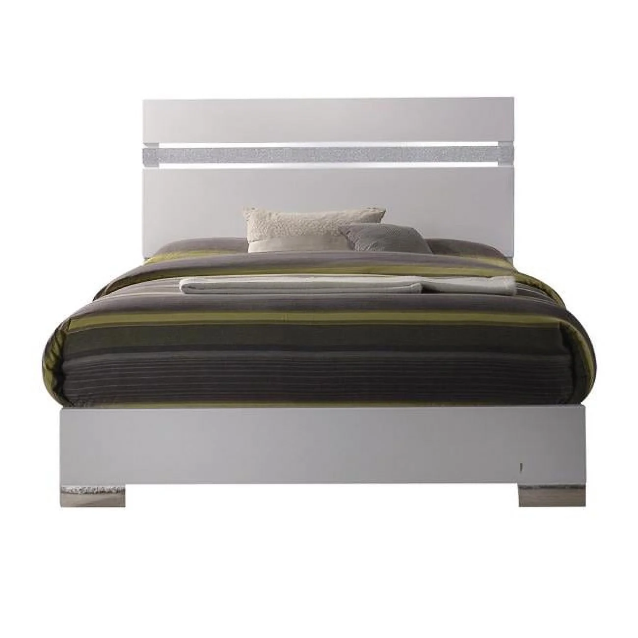 Wooden queen size bed with block legs and Crystal Accented Headboard in White