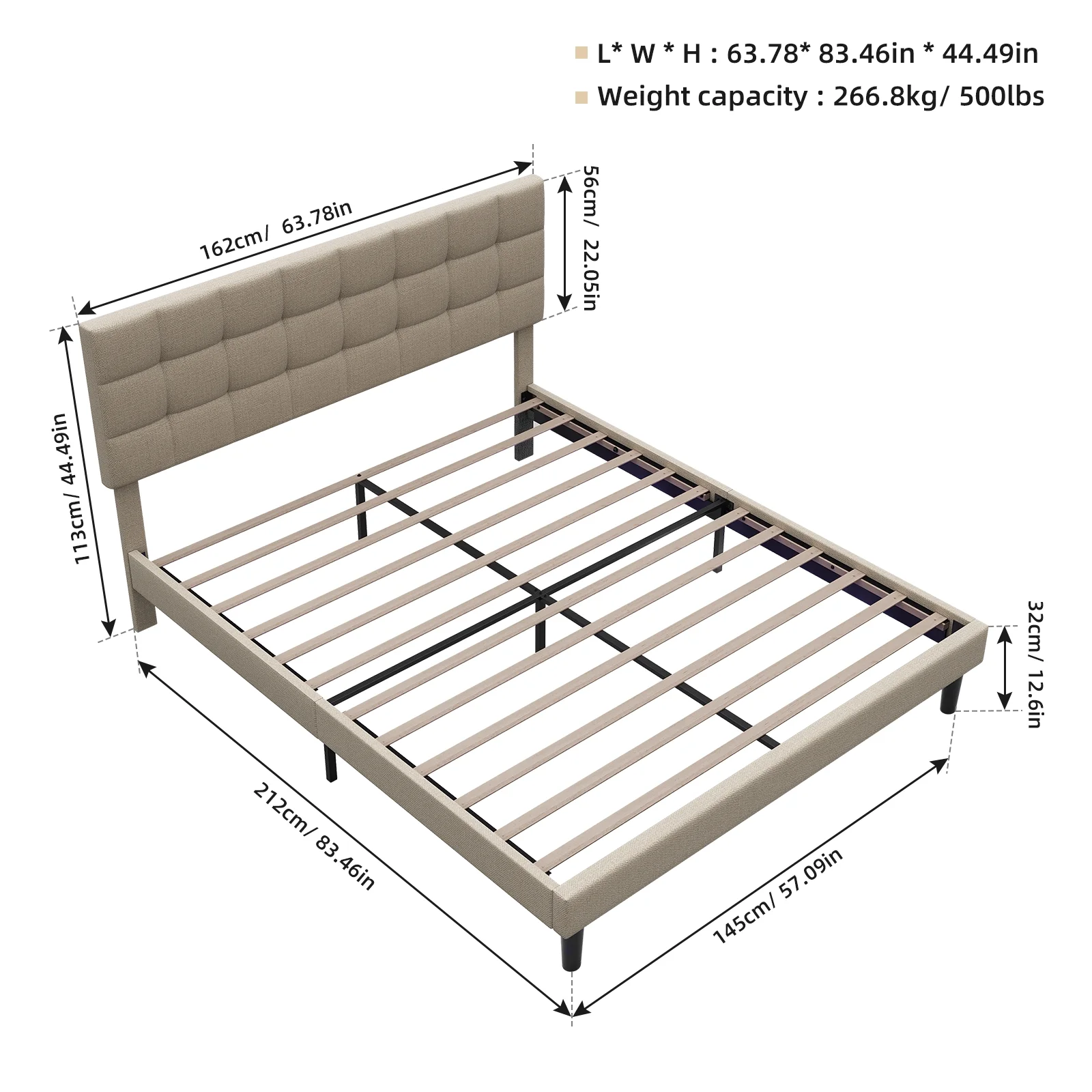Queen Size Upholstered Platform Bed Linen Bed Frame with Lights Square Stitched Adjustable Headboard Strong Bed Slats System No Box Spring Needed Beige