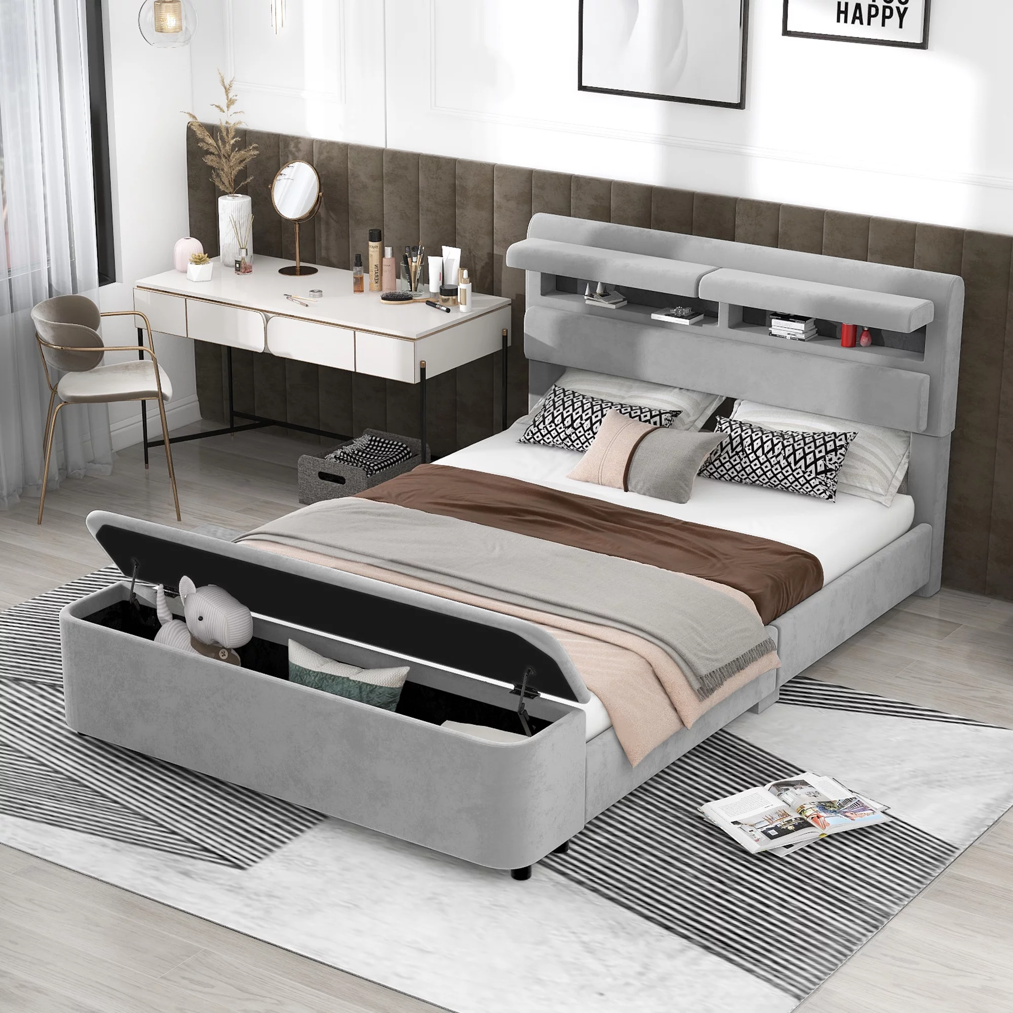 Churanty Full Size Gray Upholstery Platform Bed Frame with Stronge Storage Headboard and Footboard,Wood Slats Support