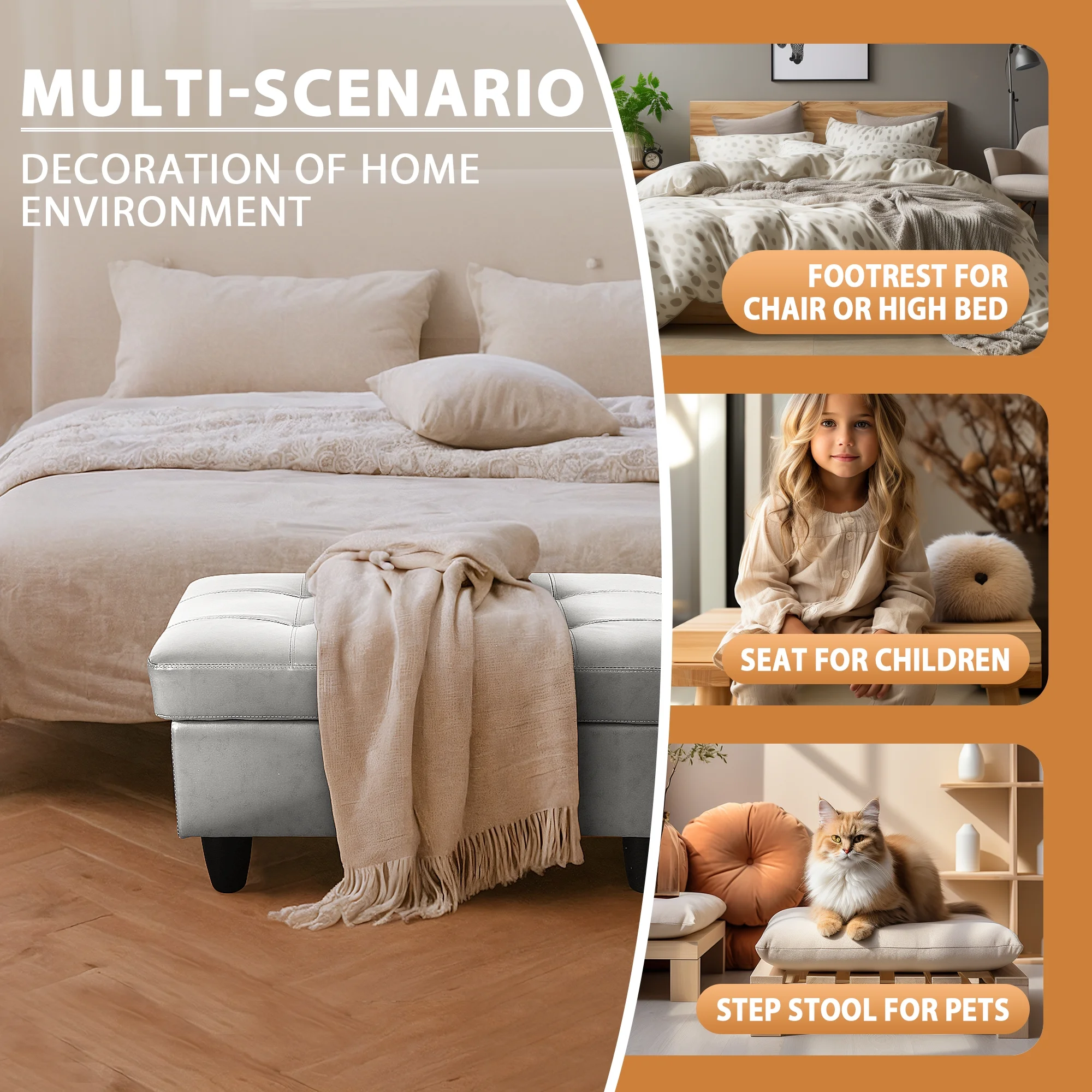Leather Storage Ottoman Bench Storage Chest for Sofa Couch Bedroom End of Bed Living Room Silver-white