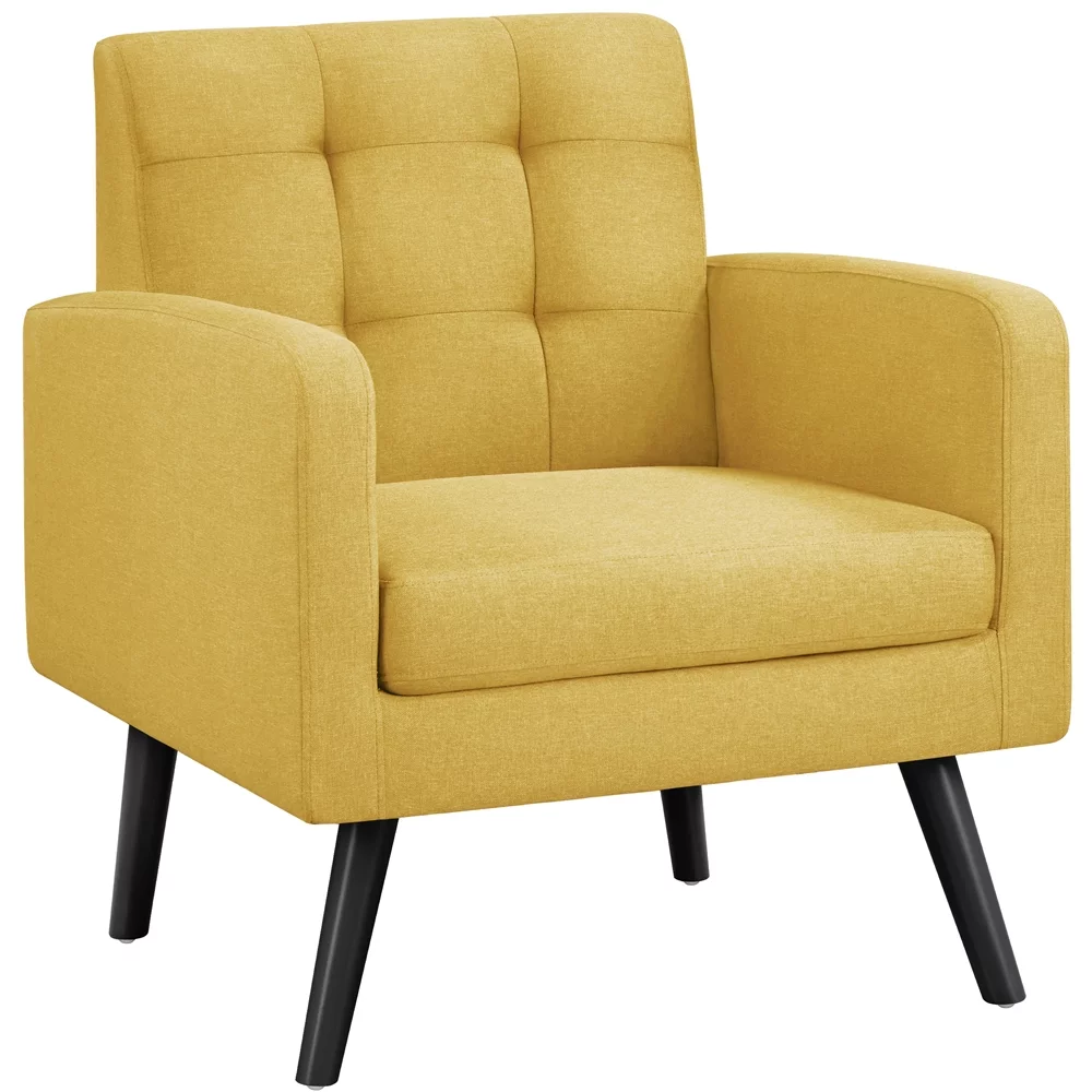 Topeakmart Modern Fabric Tufted Arm Accent Chair with Rubber Wooden Leg for Living Room, Yellow