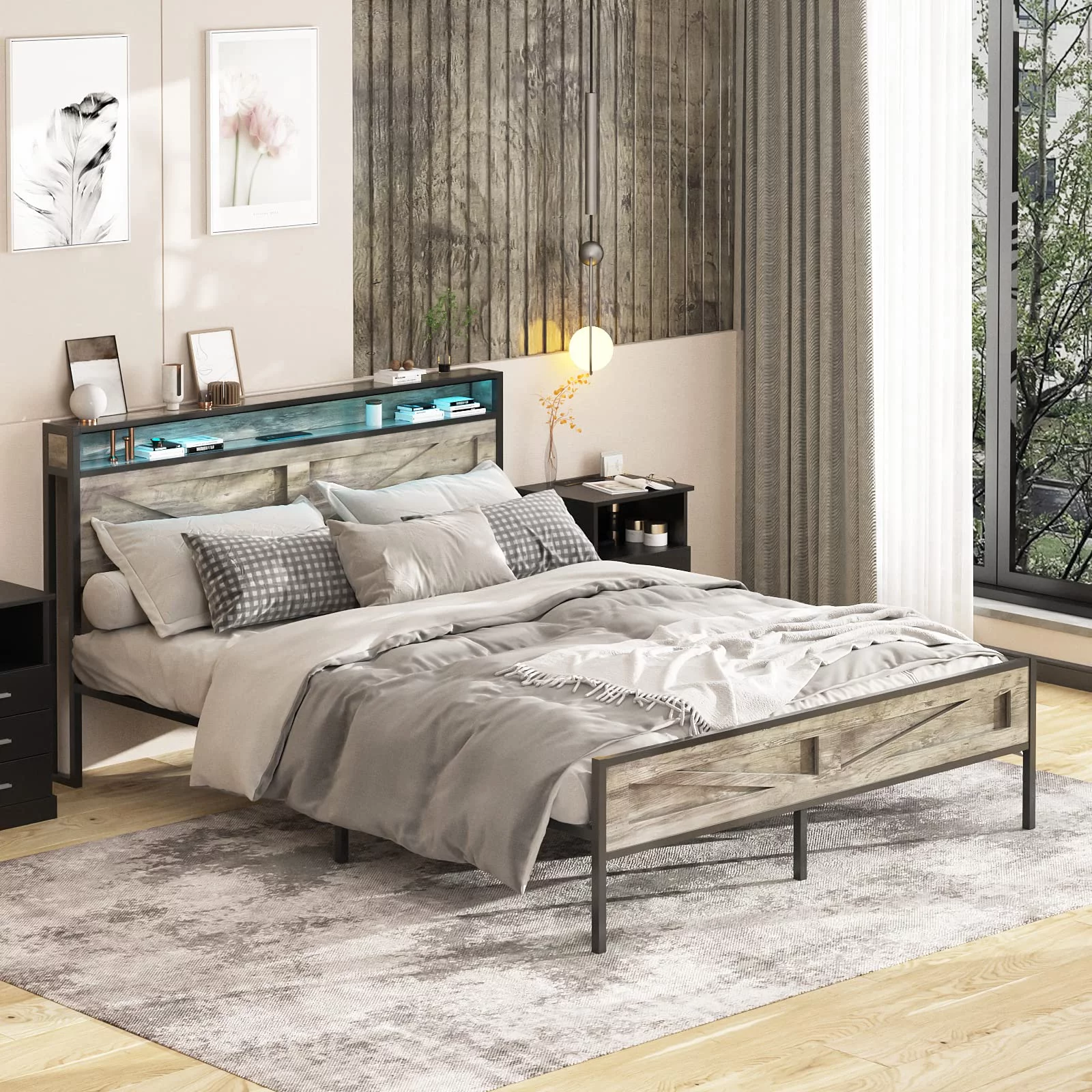 Veanerwood Full Platform Bed Frame with Headboard, LED Lights and Power Strip, for Bedroom, Gray