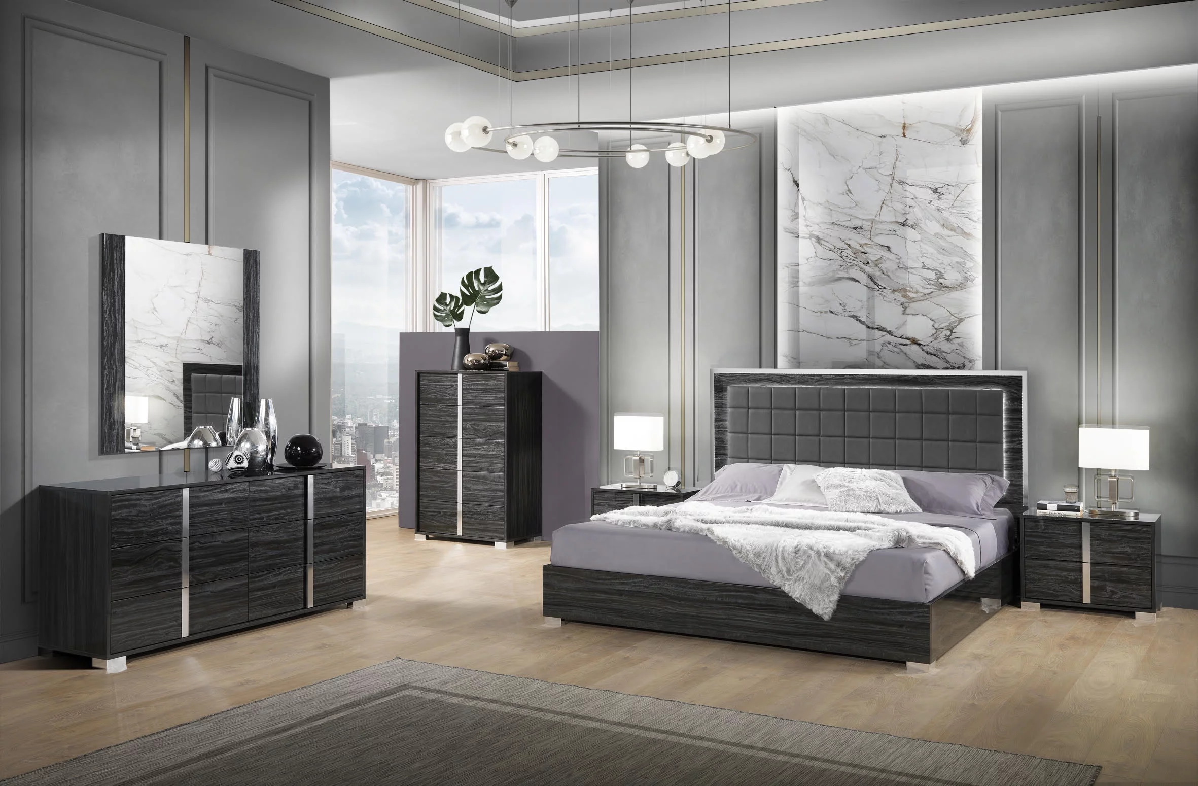 J&M Furniture Alice Bedroom Collection in Matte Grey with 6 piece queen bed, chest , dresser, mirror and 2 nightstand, queen bedroom set