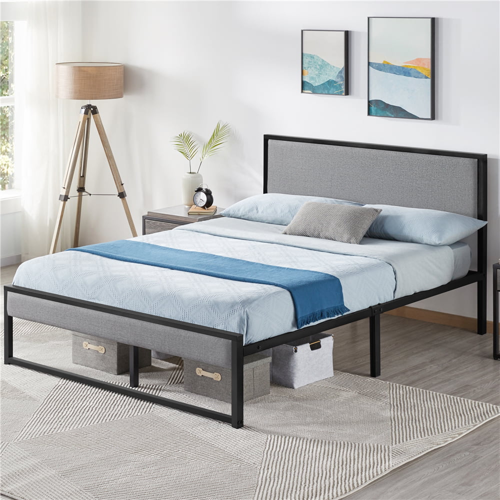 Yaheetech Upholstered Bed Frame Metal Platform Bed with Headboard & Footboard and Strong Steel Slats, Queen, Light Gray