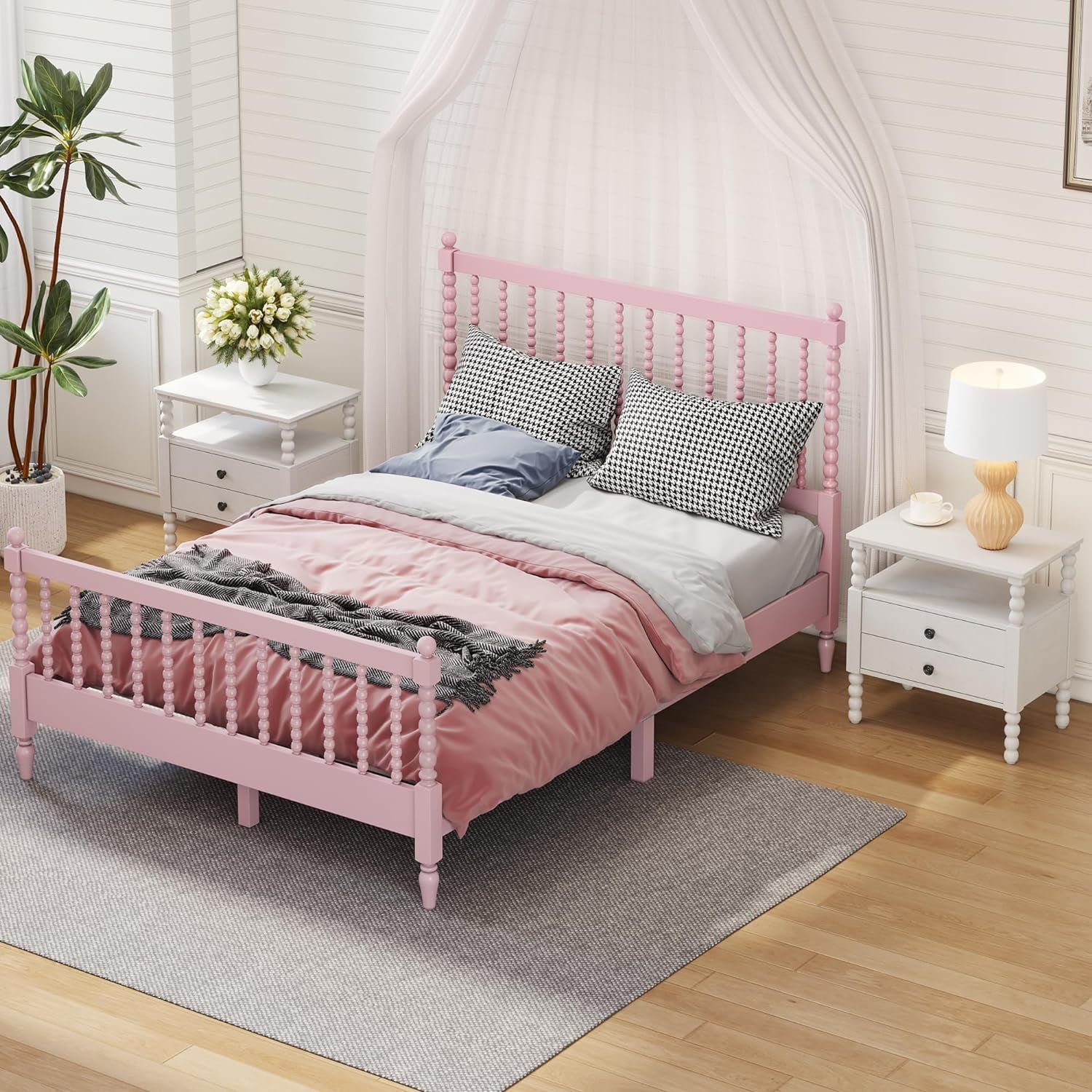 3Pcs Bedroom Set With 2 Nightstands, Full Size Bed Frame With Gourd Shaped Headboard And Footboard, Solid Wood Platform Bed, No Spring Box Required,