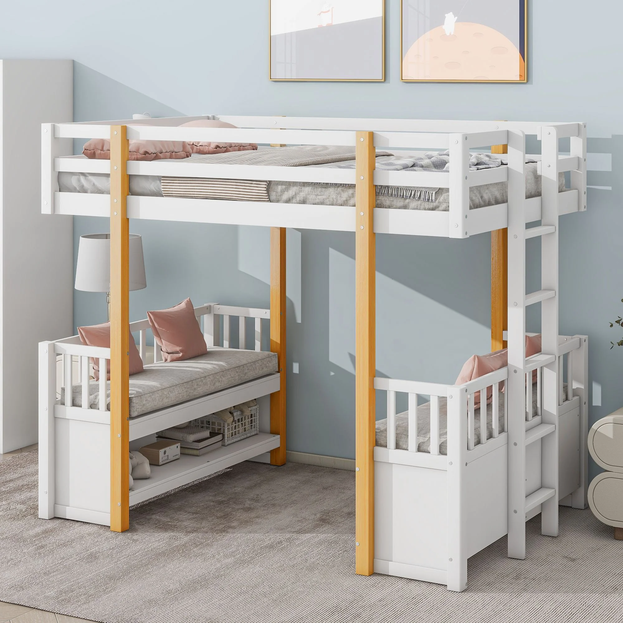 Twin Size Multifunctional High Loft Bed with 2 Seats and a Ladder, Sturdy Wooden Loftbed Frame with Ladder & Safety Guardrail for Teens Bedroom, Space Saving Design