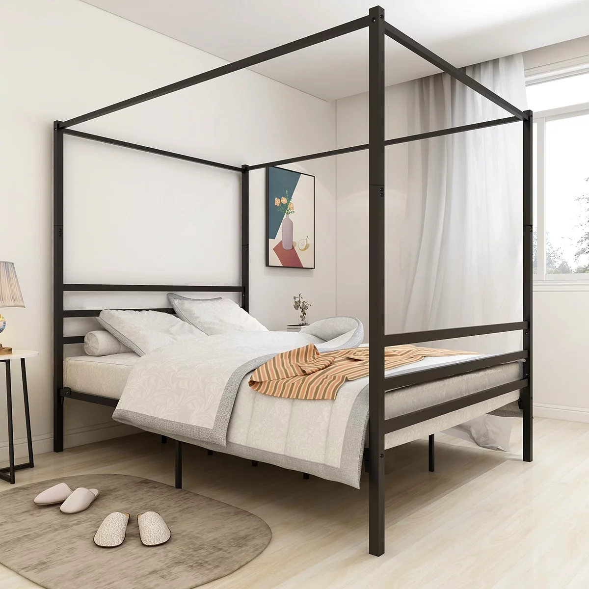 Metal Canopy Bed Frame, Platform Bed Frame Queen with minimalism style Frame , Queen Black