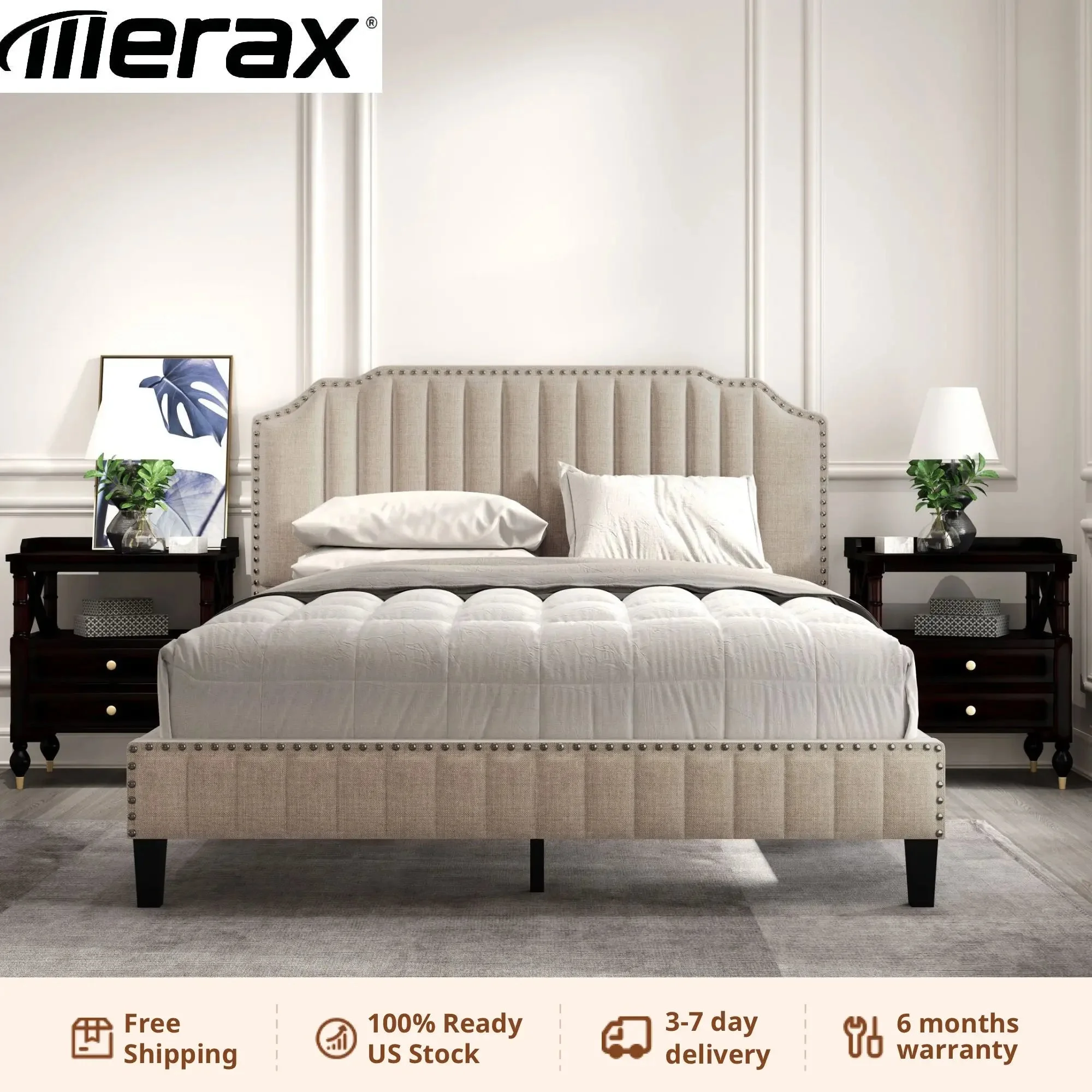 3 Pieces Bedroom Set Modern Linen Curved Upholstered Beige Platform Queen Bed with Two Black Cherry Nightstands