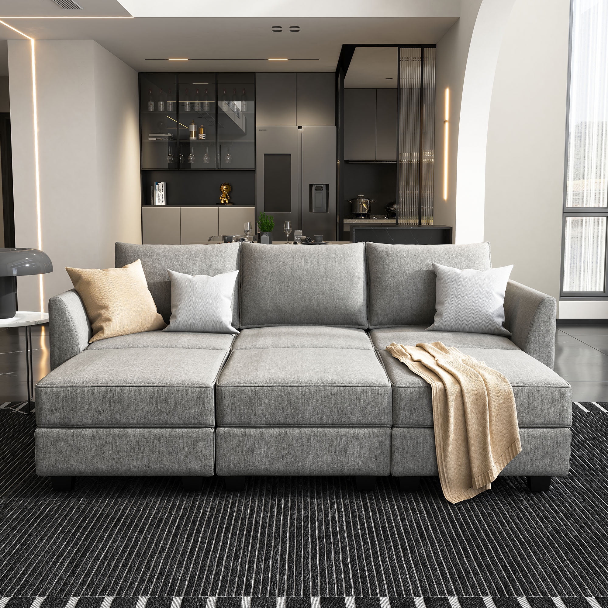 HONBAY Modern Convertible Fabric Sleeper Sectional Couch Sofa Bed with Storage Ottomans, Grey