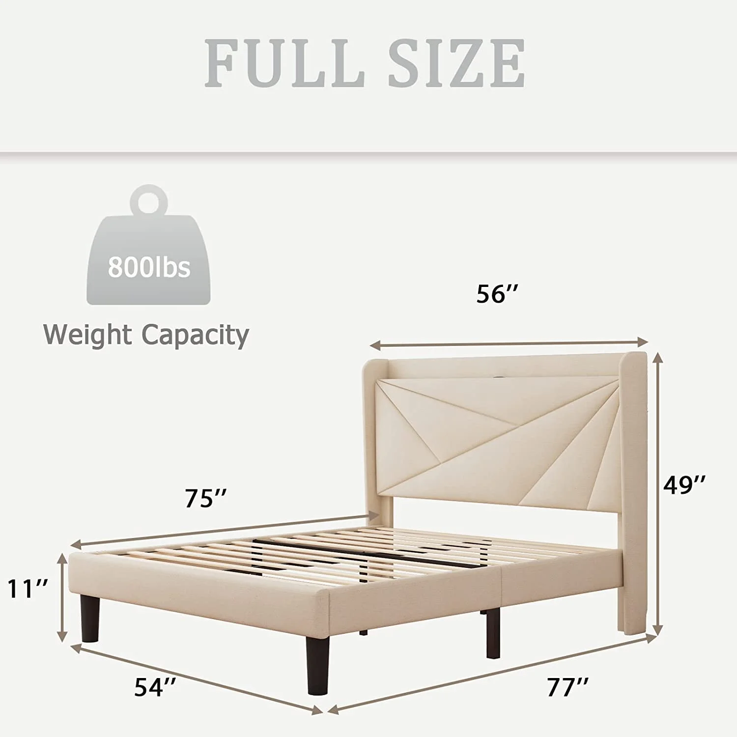 King Size Upholstered Platform Bed Frame with Storage Shelf and Type C & USB Ports  Geometric Bed Frame with Wingback Headboard  Wood Slats  Noise-Free  No Box Spring Needed  Beige