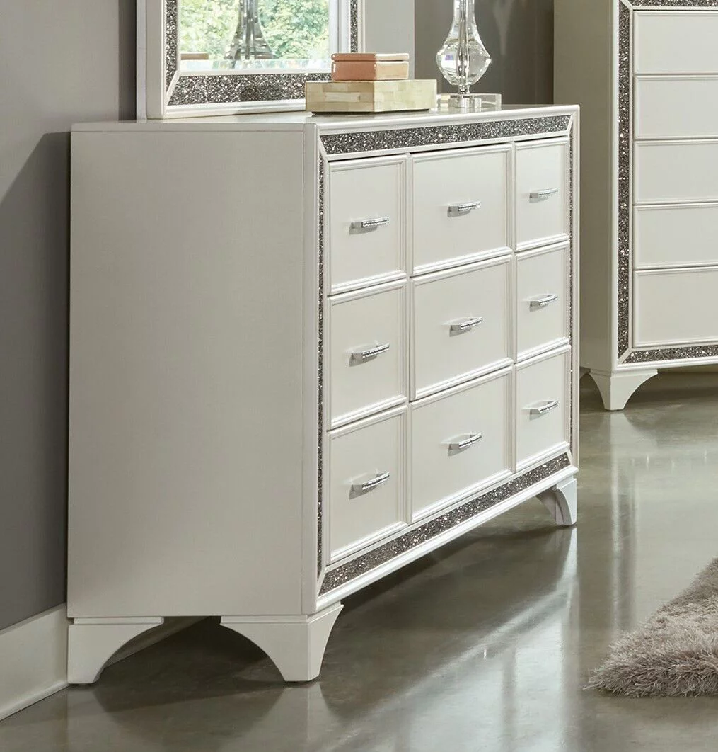 Beautiful Pearl White Metallic Finish Bedroom Set 4pc Queen Size Bed Nightstand Dresser Mirror LED Lighting HB