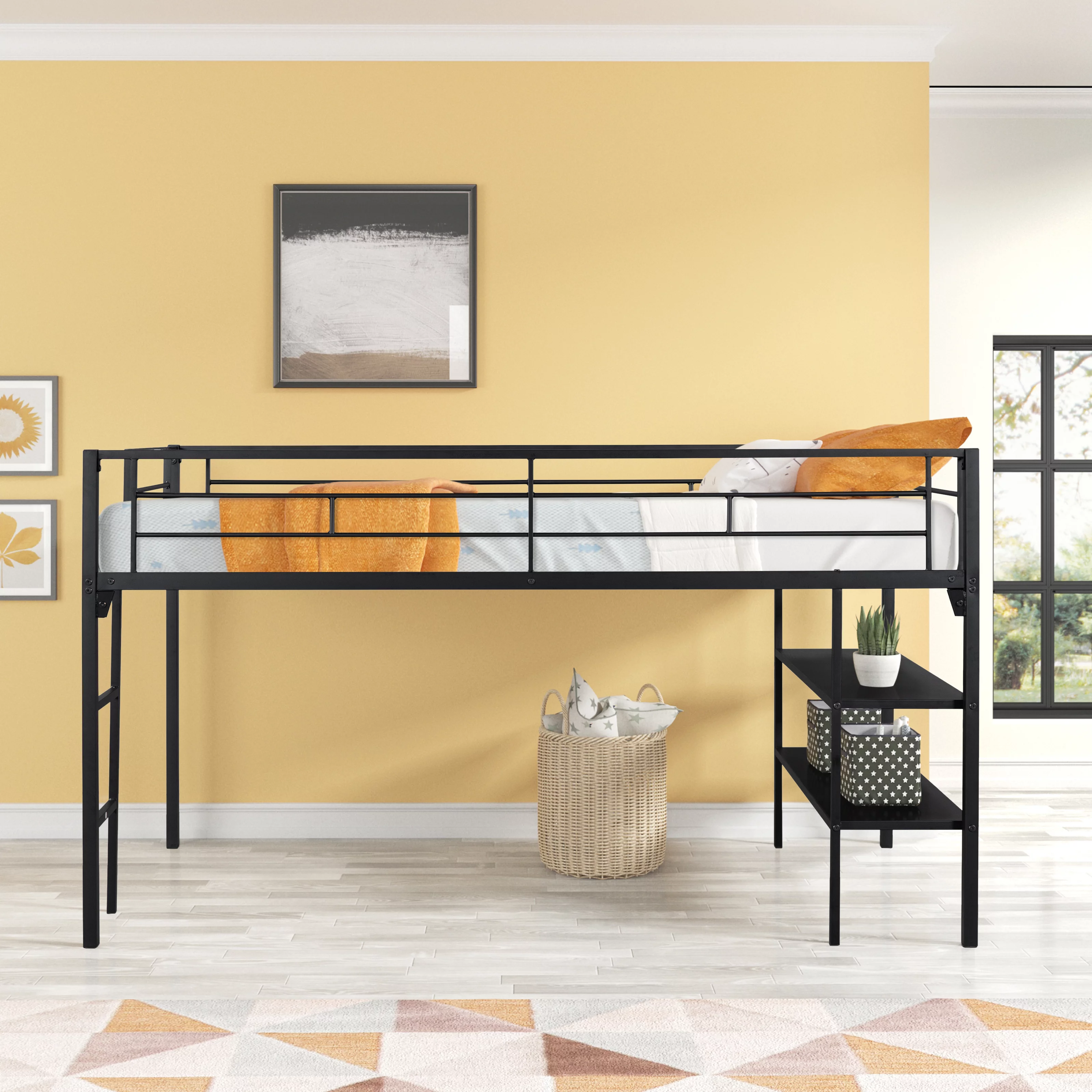 paproos Twin Size Metal Loft Bed, Black Metal Loft Bed with Shelves, No Box Spring Needed, Space Saving Design, Perfect for Dorm, Bedroom, Guest Room