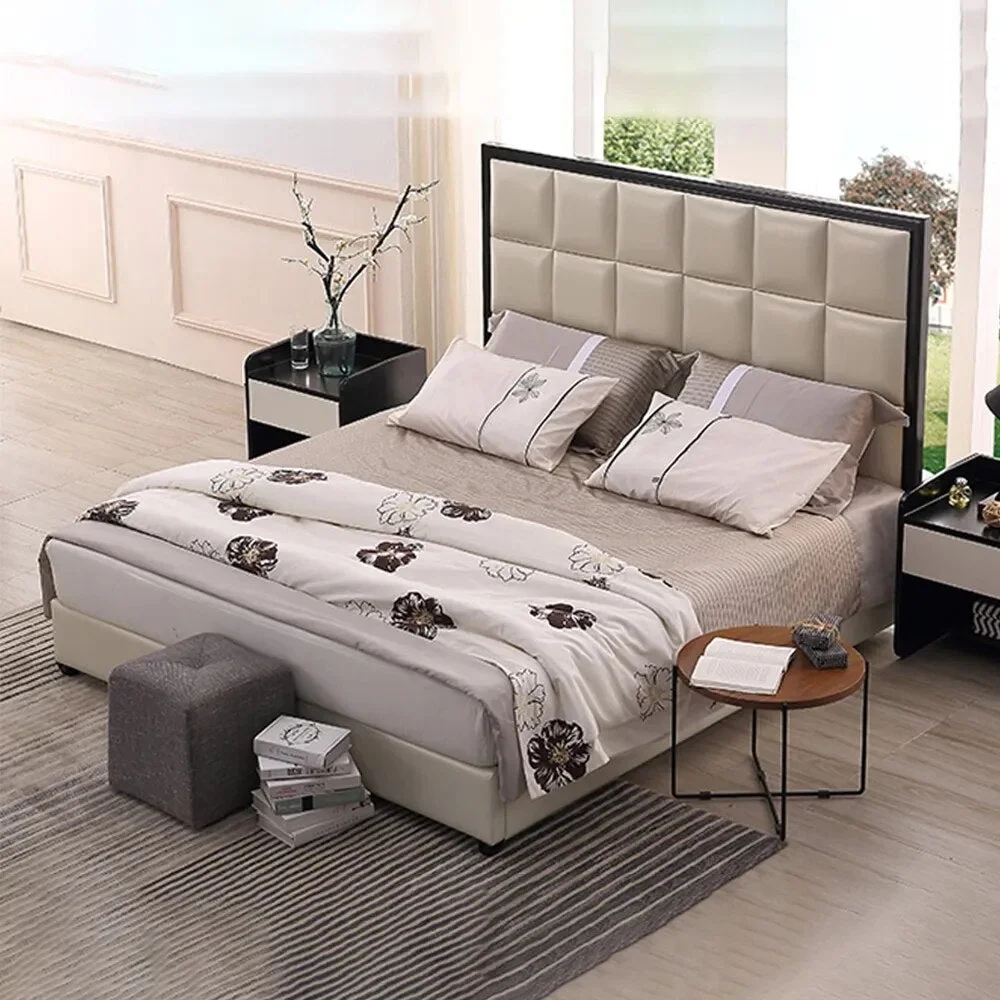MANBAS America Genuine Leather Bed 2 People Soft Beds Frames Queen Design Double Bed King Size Lit Frame Bedroom Furniture