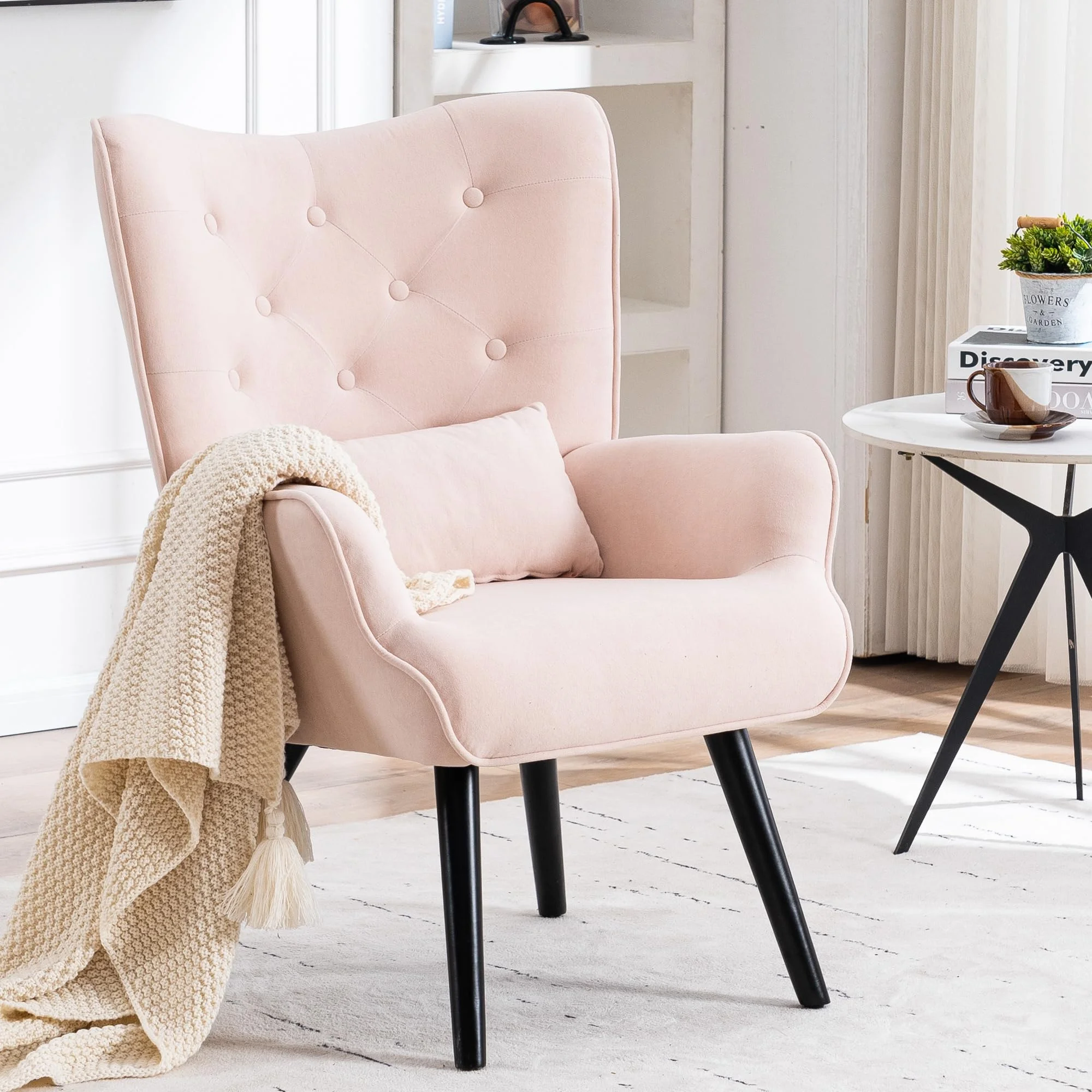 Lavori-AK Velvet Accent Chair with Wingback,Modern Tufted Vanity Armchair with Armrest, Solid Wood Legs for Bedroom Living Room,Pink