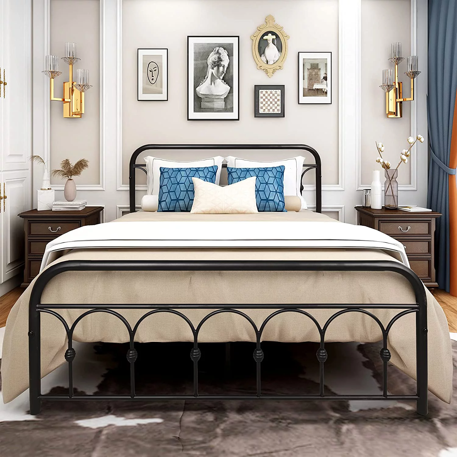 Queen Size Metal Bed Frame Vintage Sturdy with Headboard and Footboard Heavy Duty No Box Spring Needed (Queen, Black)