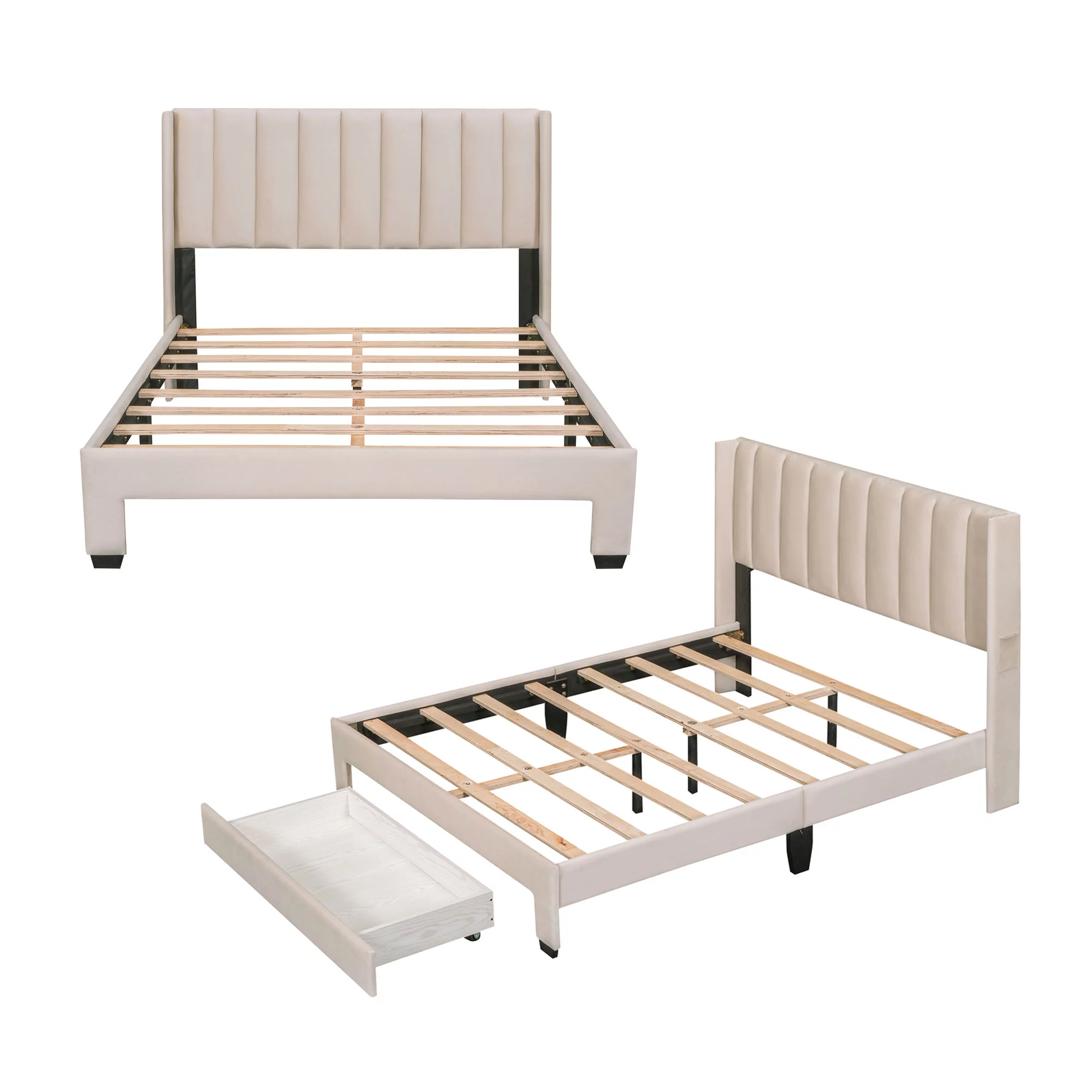 Elegant and Stylish Velvet Fabric Full Size Platform Bed with A Large Storage Drawer and Cellphone Storage Pocket, Beige