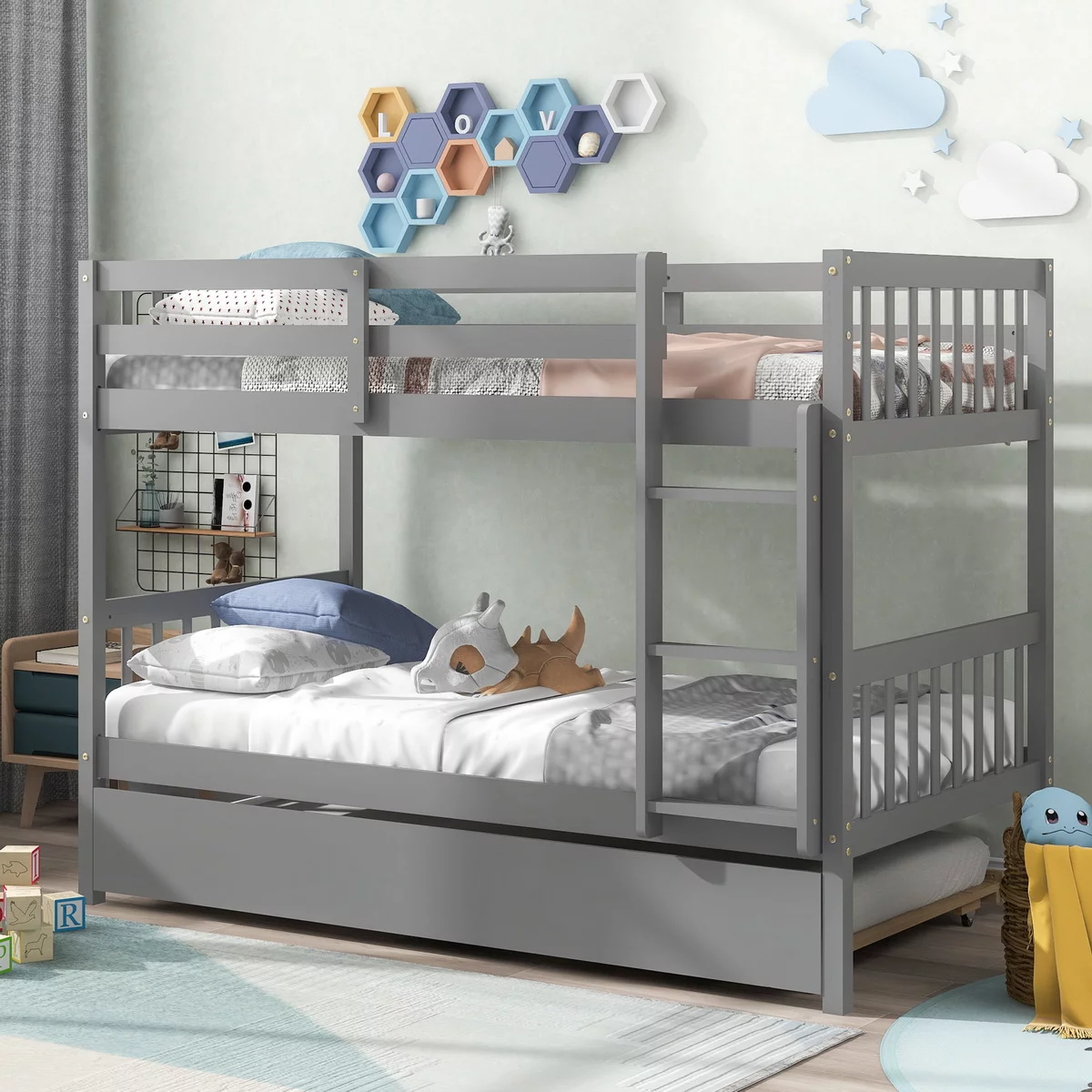Ouyessir Twin Over Twin Wood Bunk Bed with Ladder Solid Wood Bunk Bed Frame with Trundle For Kids, Teens Bedroom BunkBed,No Box Spring Needed