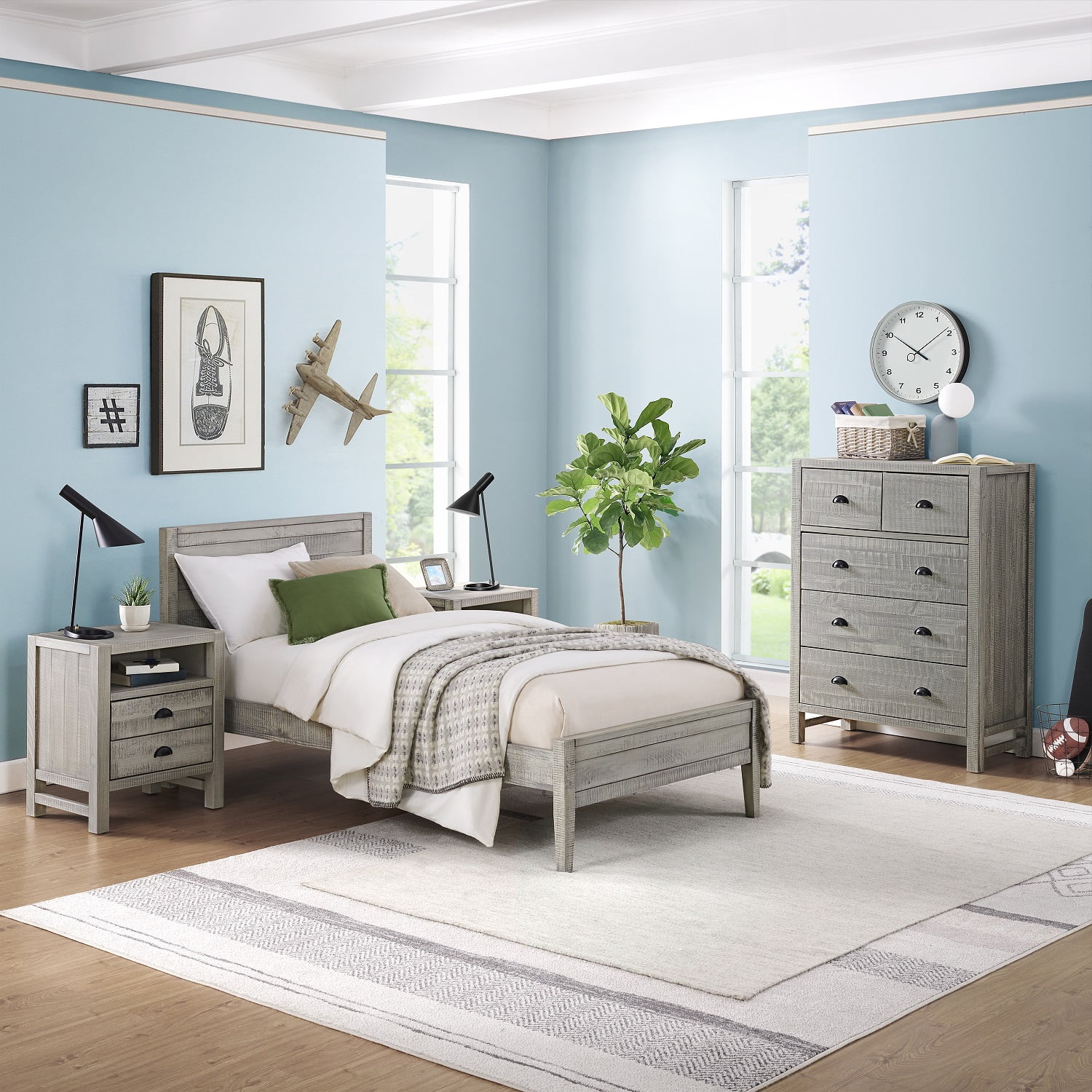 Alaterre Furniture Windsor 4-Piece Bedroom Set with Panel Twin Bed, 2 Nightstands, and 5-Drawer Chest, Driftwood Gray