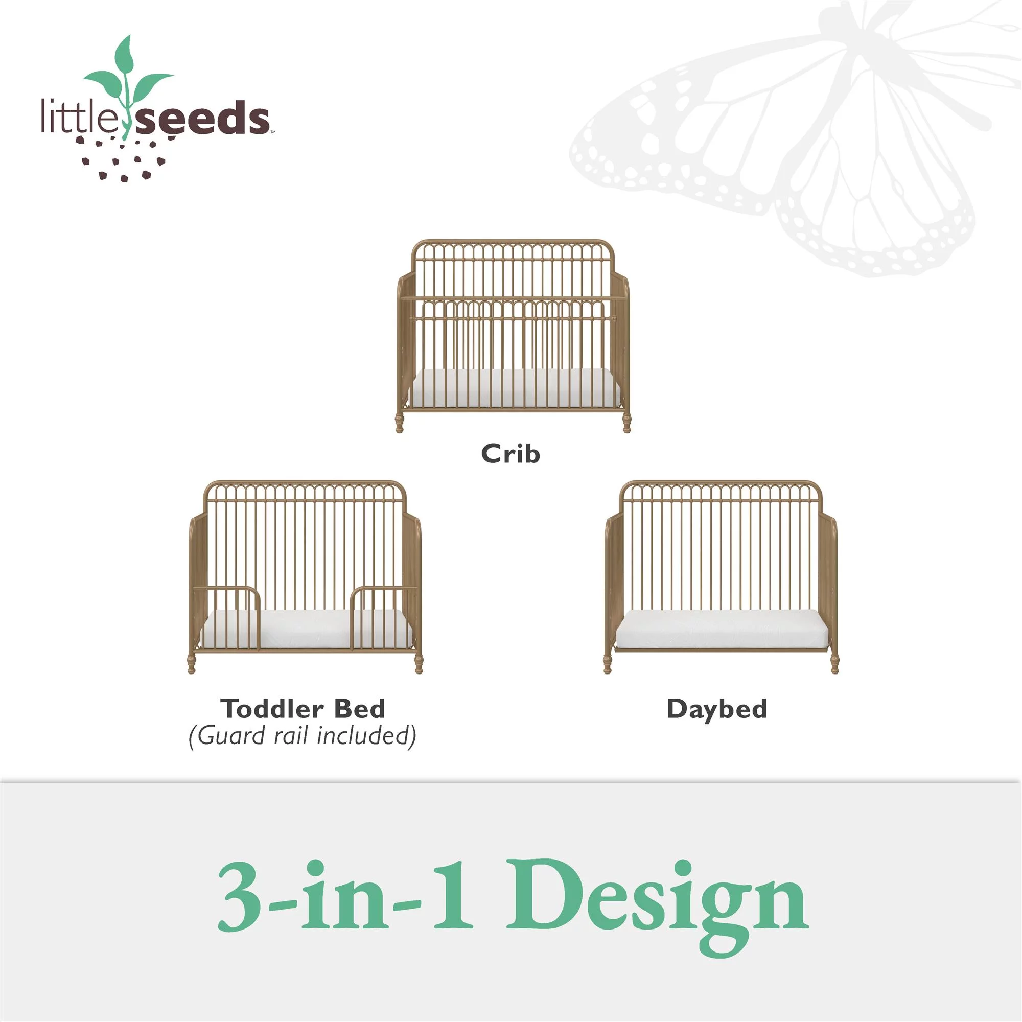 Little Seeds Monarch Hill Ivy 3-in-1 Convertible Crib with Safety 1st Sweet Dreams Baby & Toddler Mattress, Gold