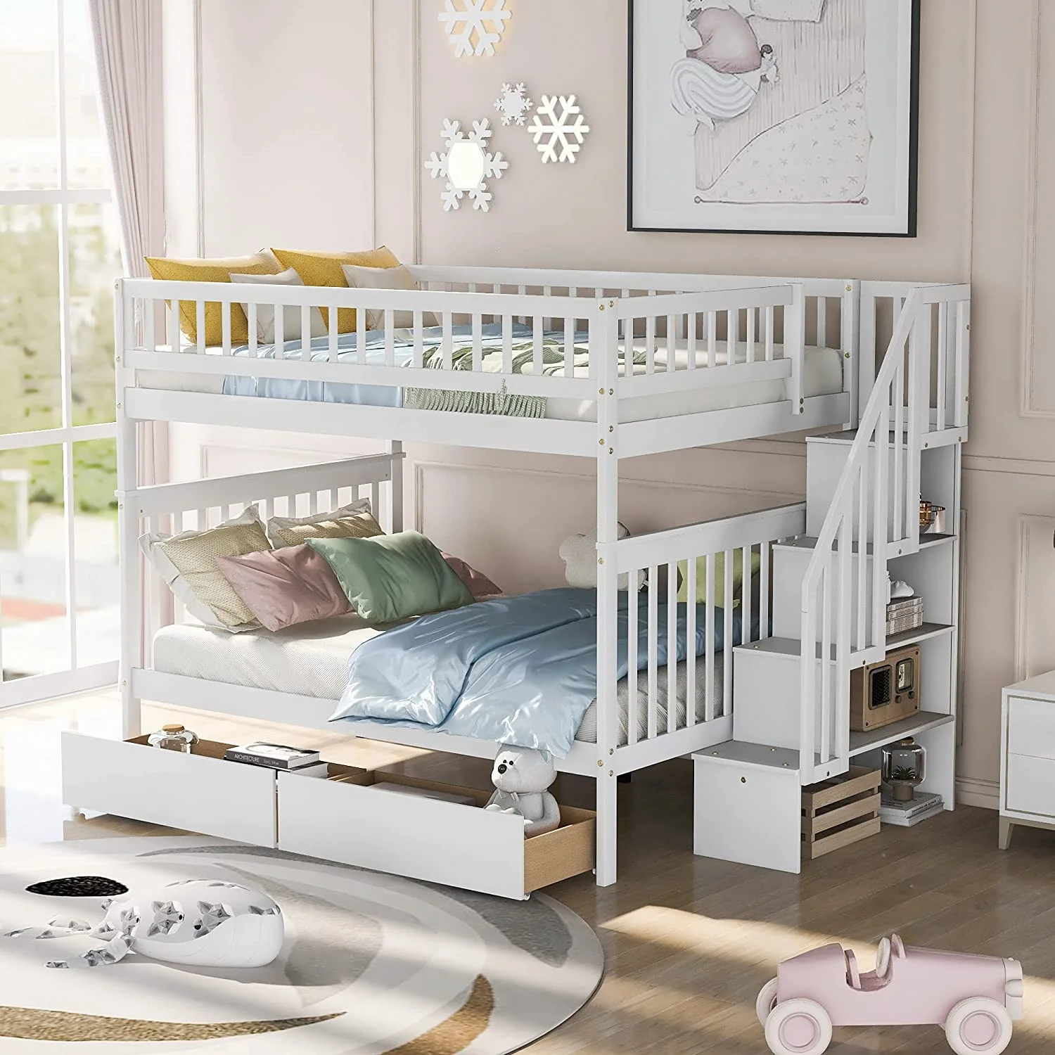Full Over Full Bunk Bed With Stairs, Solid Wood Bunk Bed With Storage Drawers, Weight Capacity Up To 600 Lbs Per Bed, For Kids Teens Adults - White