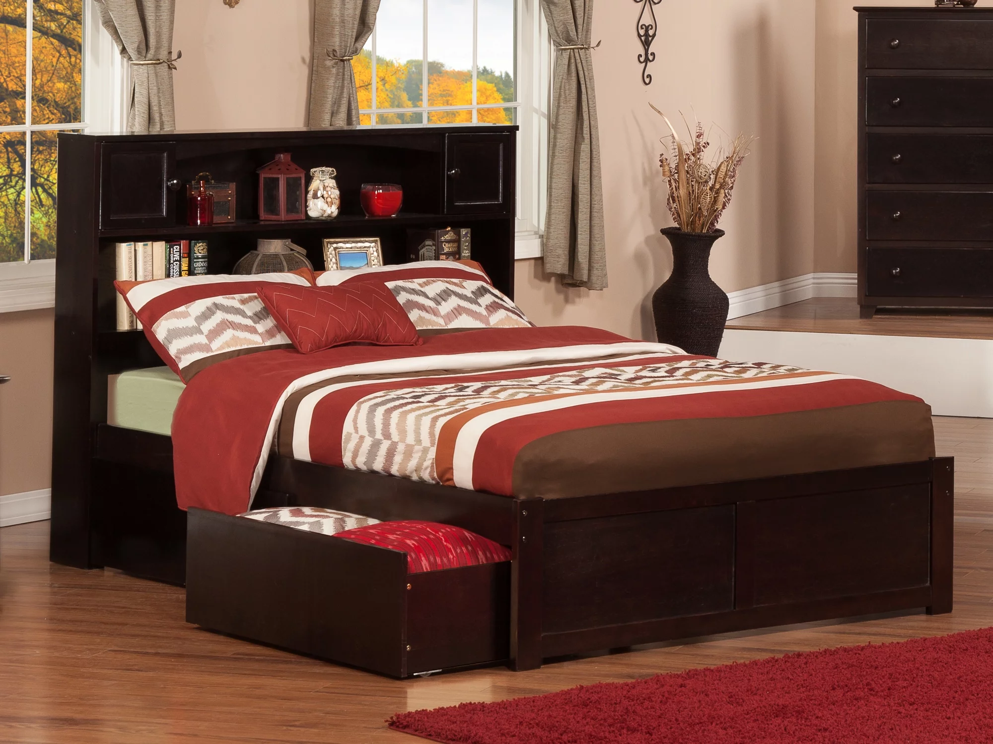 AFI Newport Full Wood Platform Bed with Footboard & 2 Storage Drawers in Espresso