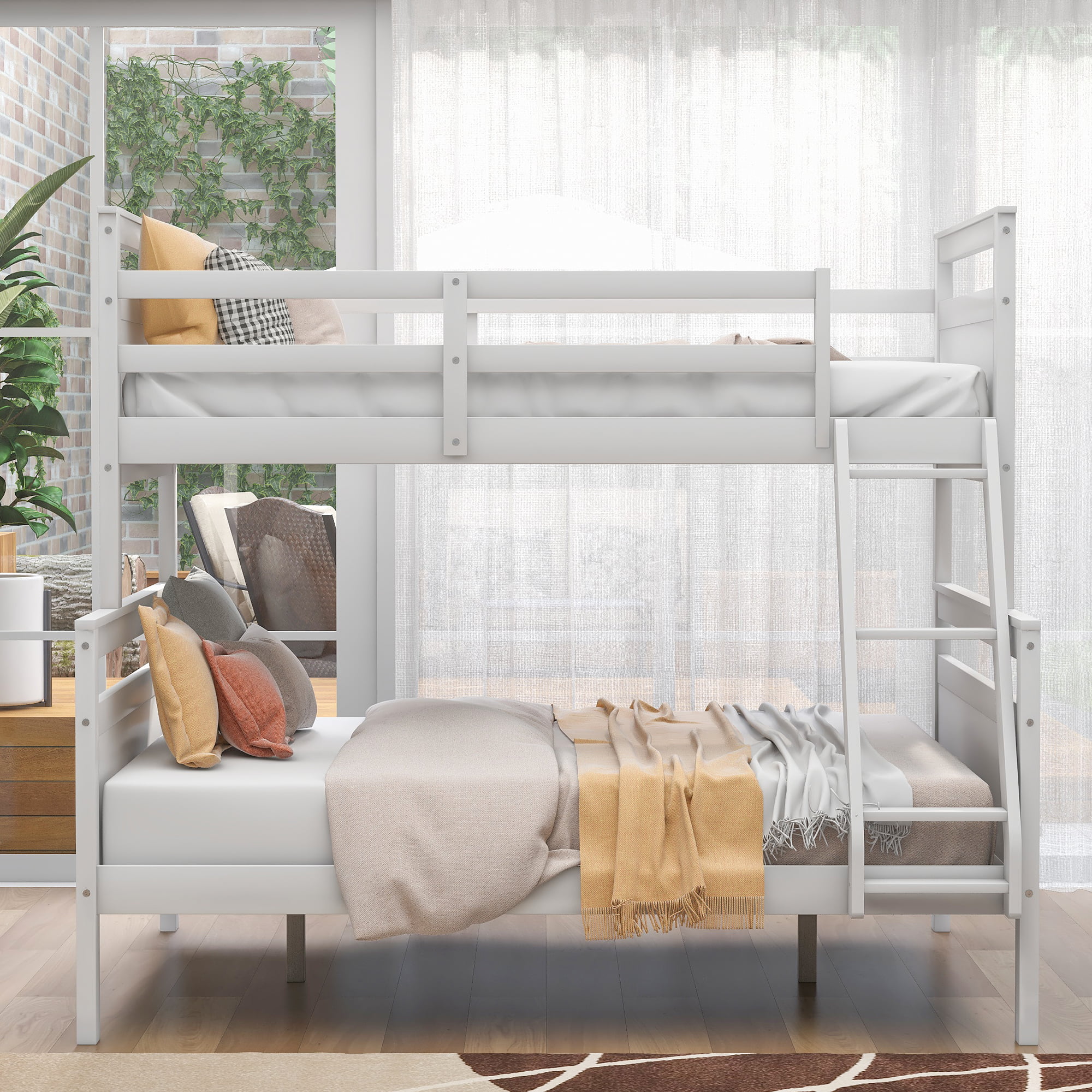 Twin over Full Bunk Bed: Ladder, Safety Guardrail, Ideal for Bedroom, White
