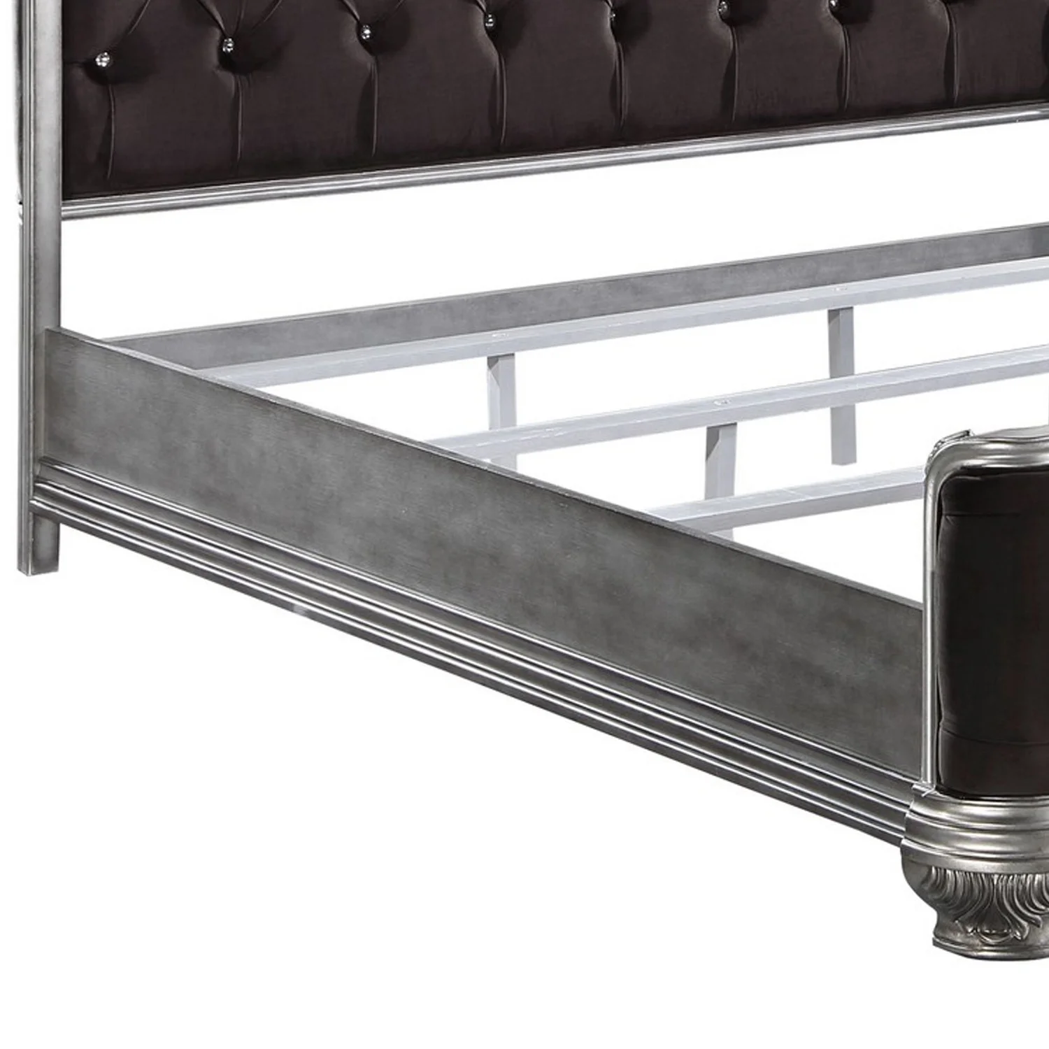 Benjara Queen Bed with Padded Headboard, Brown and Silver