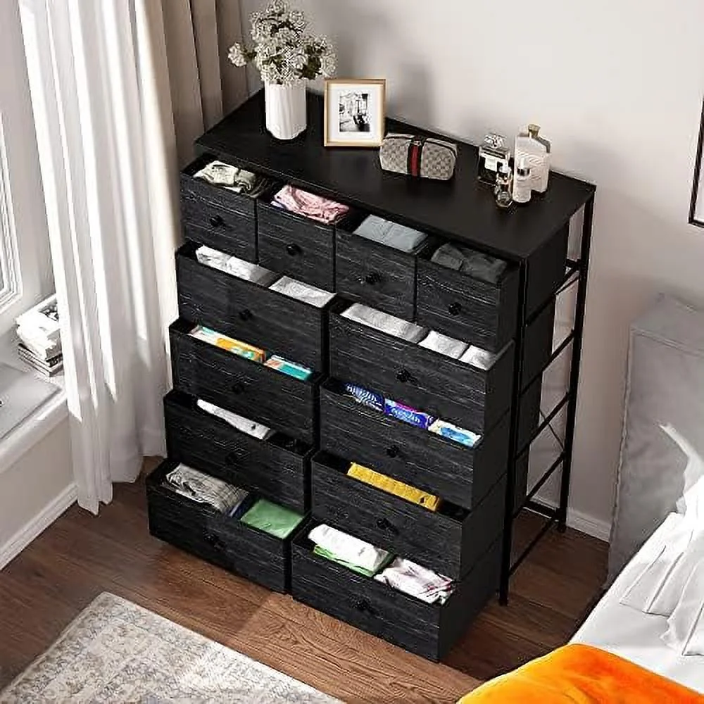 KHBIULIFE Dresser for Bedroom with 12 Drawers  Dresser Organizer for Bedroom  Black Dresser with Wooden Top and Metal Frame  Bedroom Dressers & Chests of Drawers for Bedroom  Closets