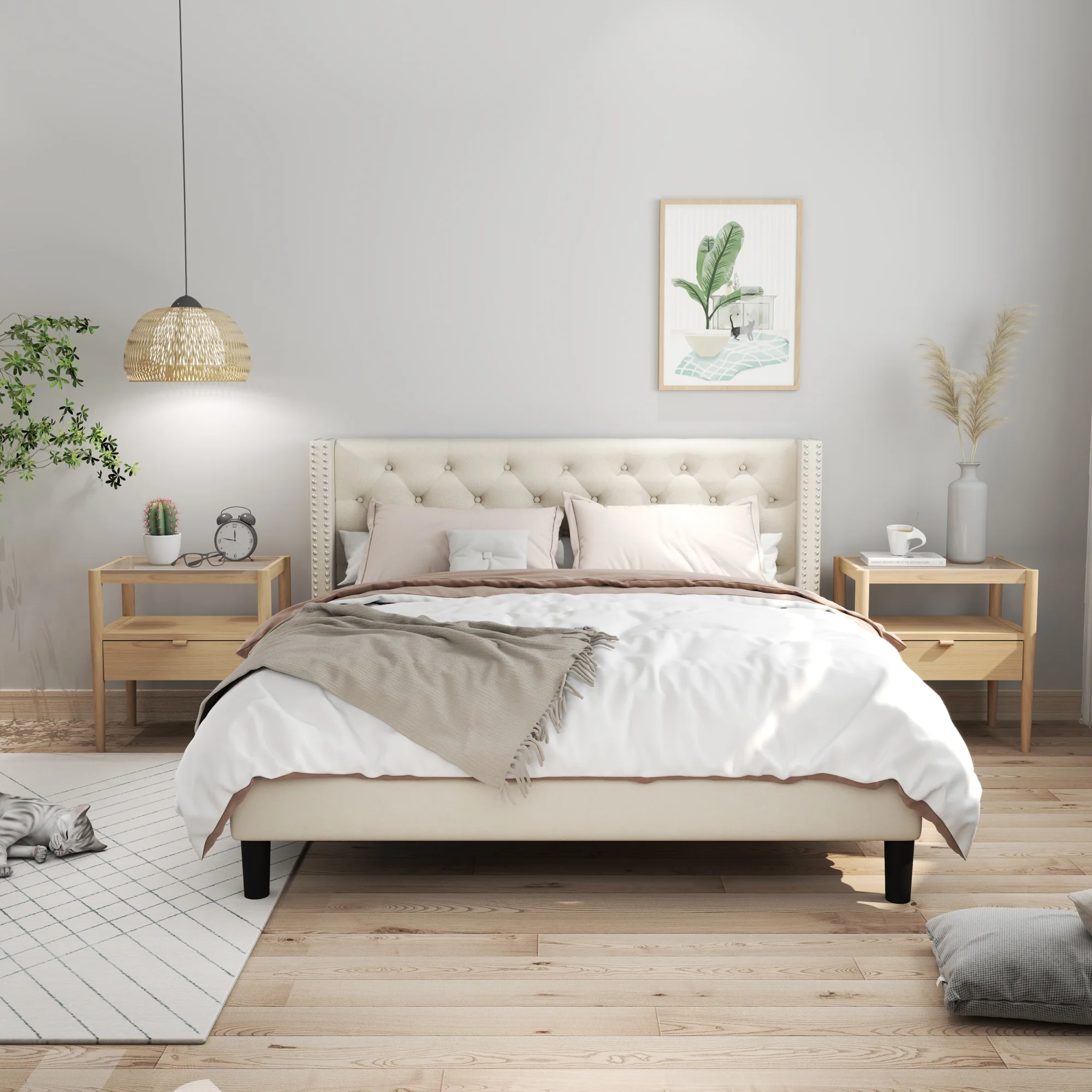 Beige Queen Size Platform Bed with Upholstered Headboard, Slat Support, Heavy Duty Mattress Foundation, Easy Assembly