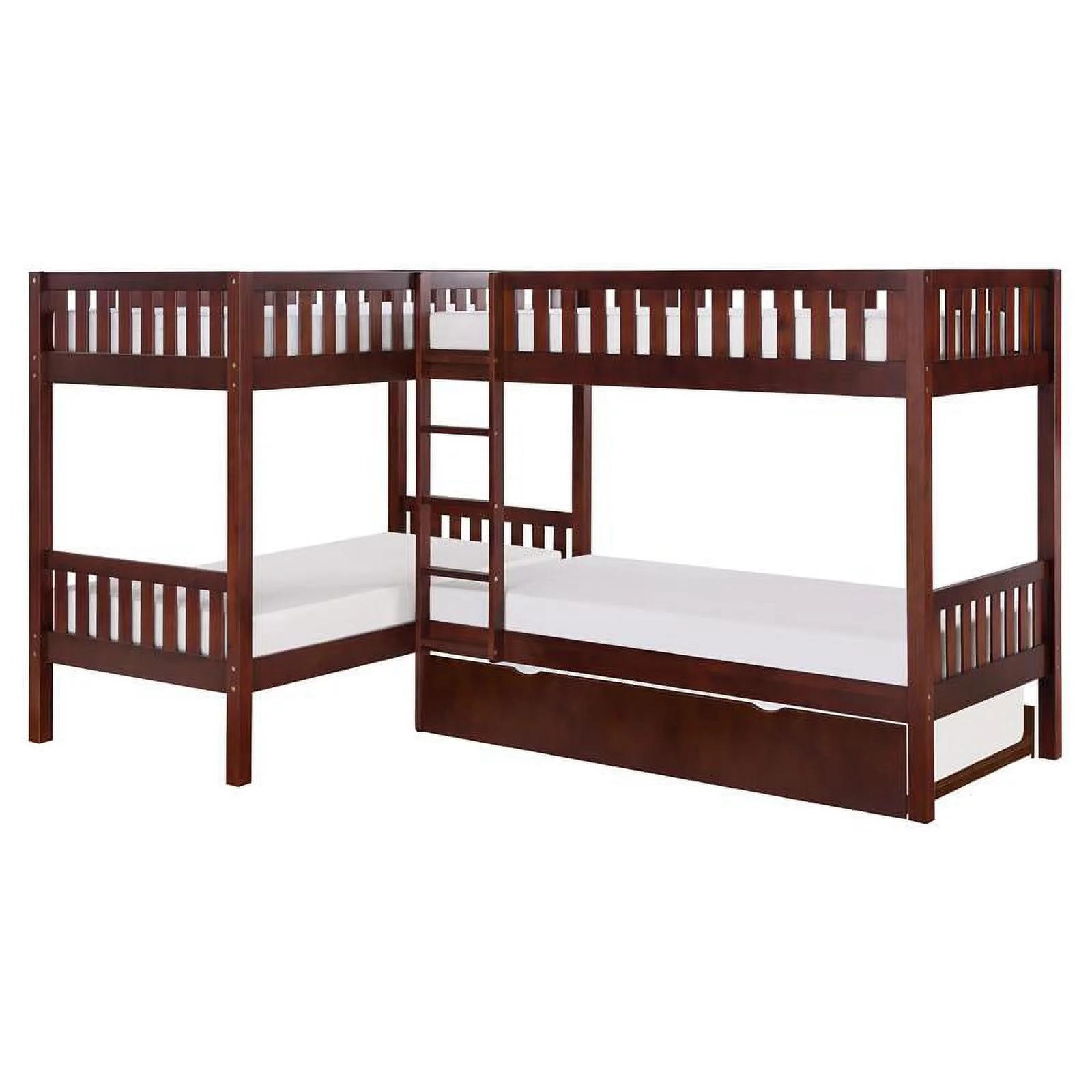 Lexicon Rowe Transitional Wood Corner Bunk Bed with Twin Trundle in Dark Cherry