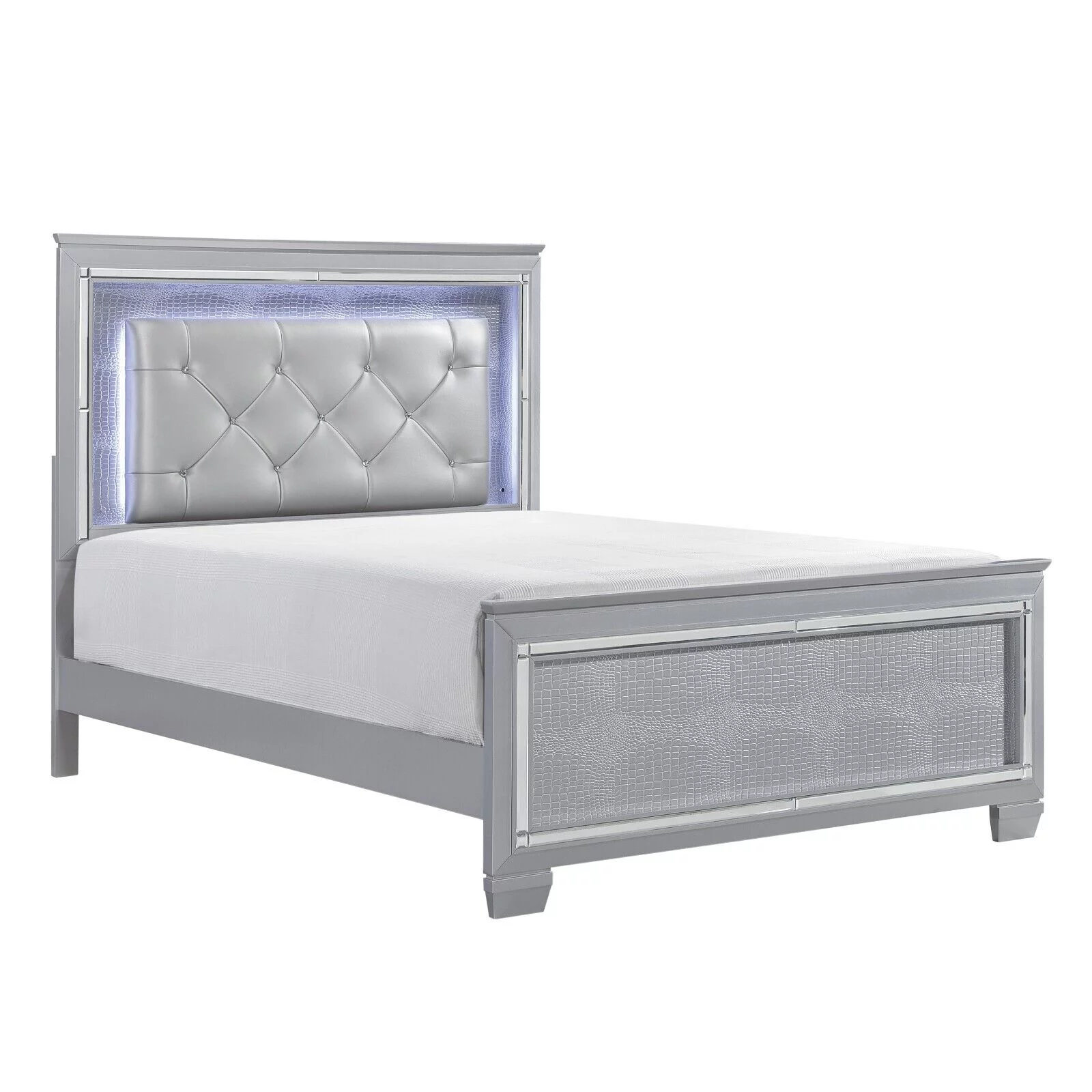 Gorgeous Silver Finish Full Size Bed Crystal-Tufted LED Headboard Bedroom Furniture