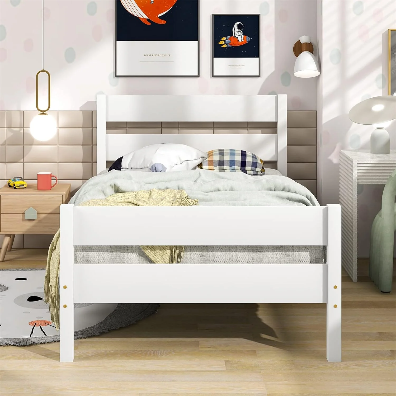 Bed Frame Wood Size Platform Bed With Headboard And Footboard Wooden White Bed Frame For Kids Boys Girls Teens, Slat Supports, No Box Spring Needed