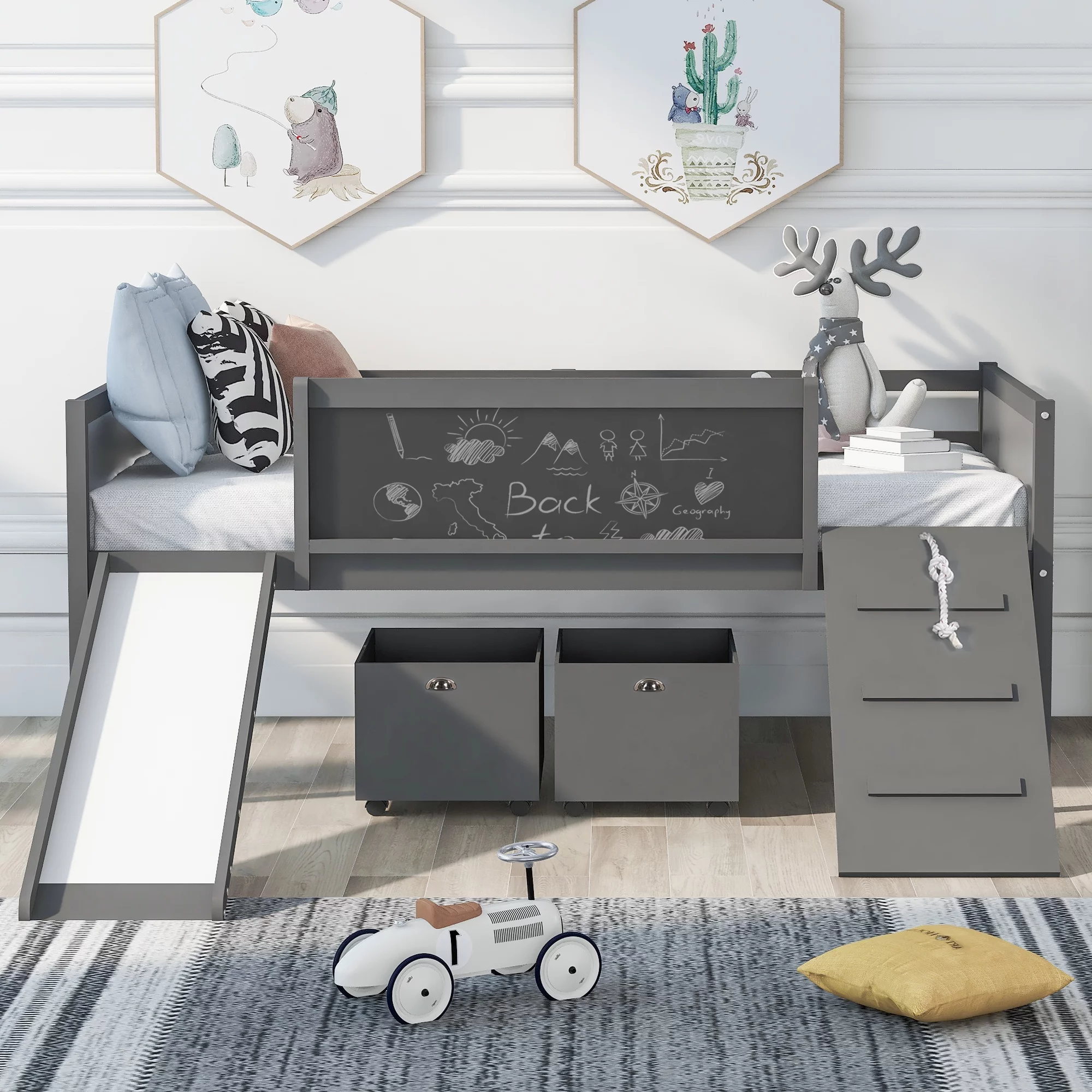 Gewnee Twin Size Wood Loft Bed with Slide,Climbing Frame,Two Movable Drawers and Chalkboard for Kids,Gray