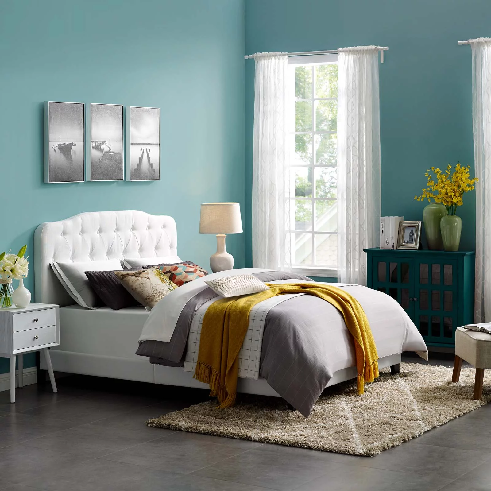 Modern Contemporary Urban Design Bedroom Queen Size Platform Bed Frame, Fabric, White