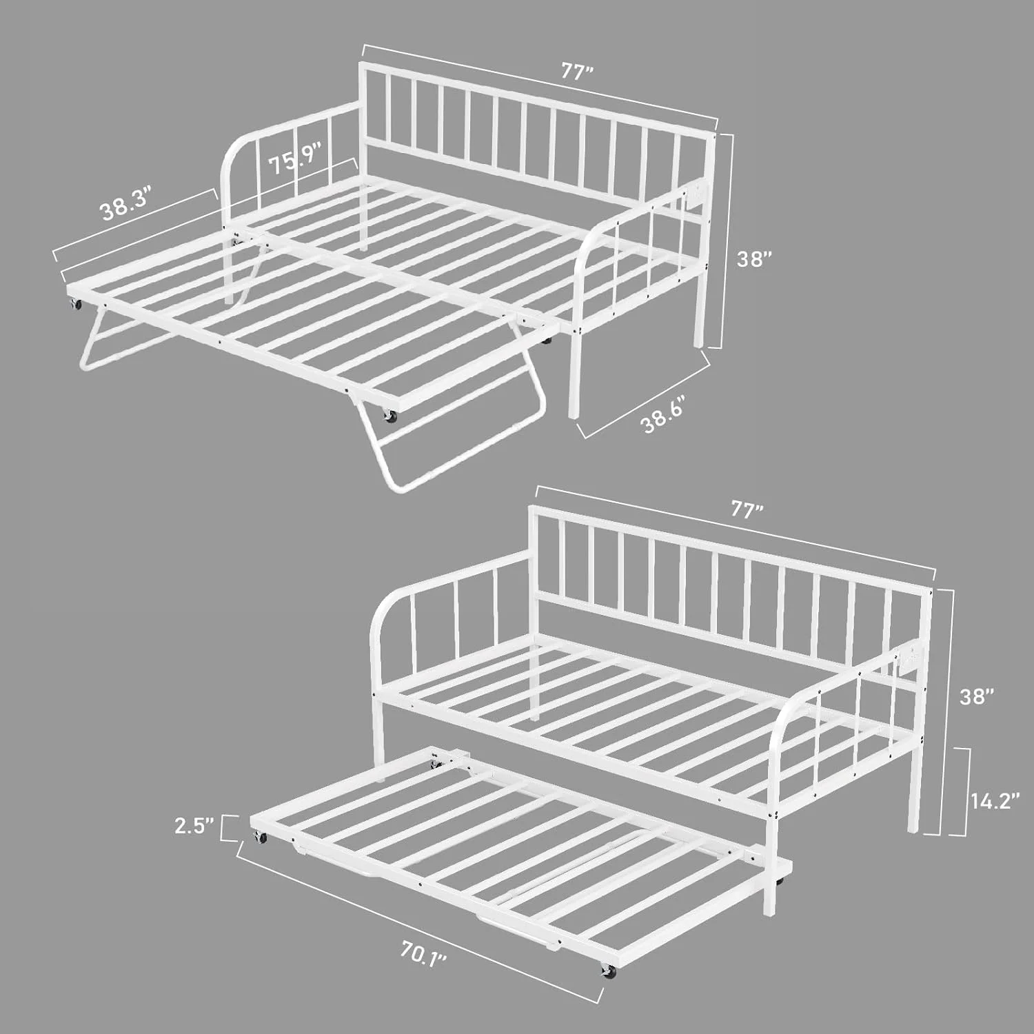 GEROBOOM Daybed with Trundle Adjustable Sofa Bed Frame with LED Metal Twin Daybed with Charging Station for Living Room Bedroom and Guest Room White