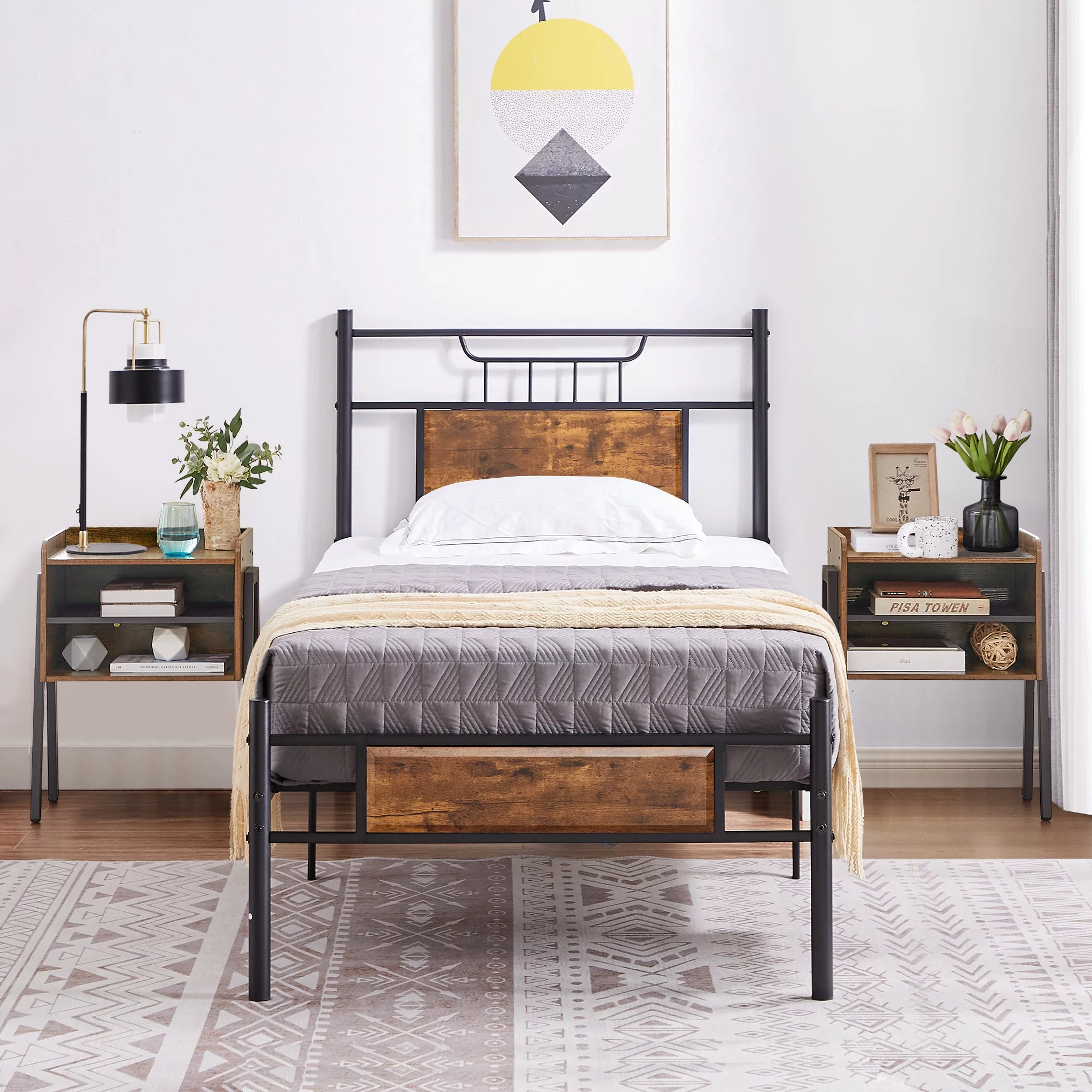 VECELO 3-piece Bedroom Set, Twin Size Metal and Wood Platform Bed Frame with Set of 2 Stackable Nightstands End Table