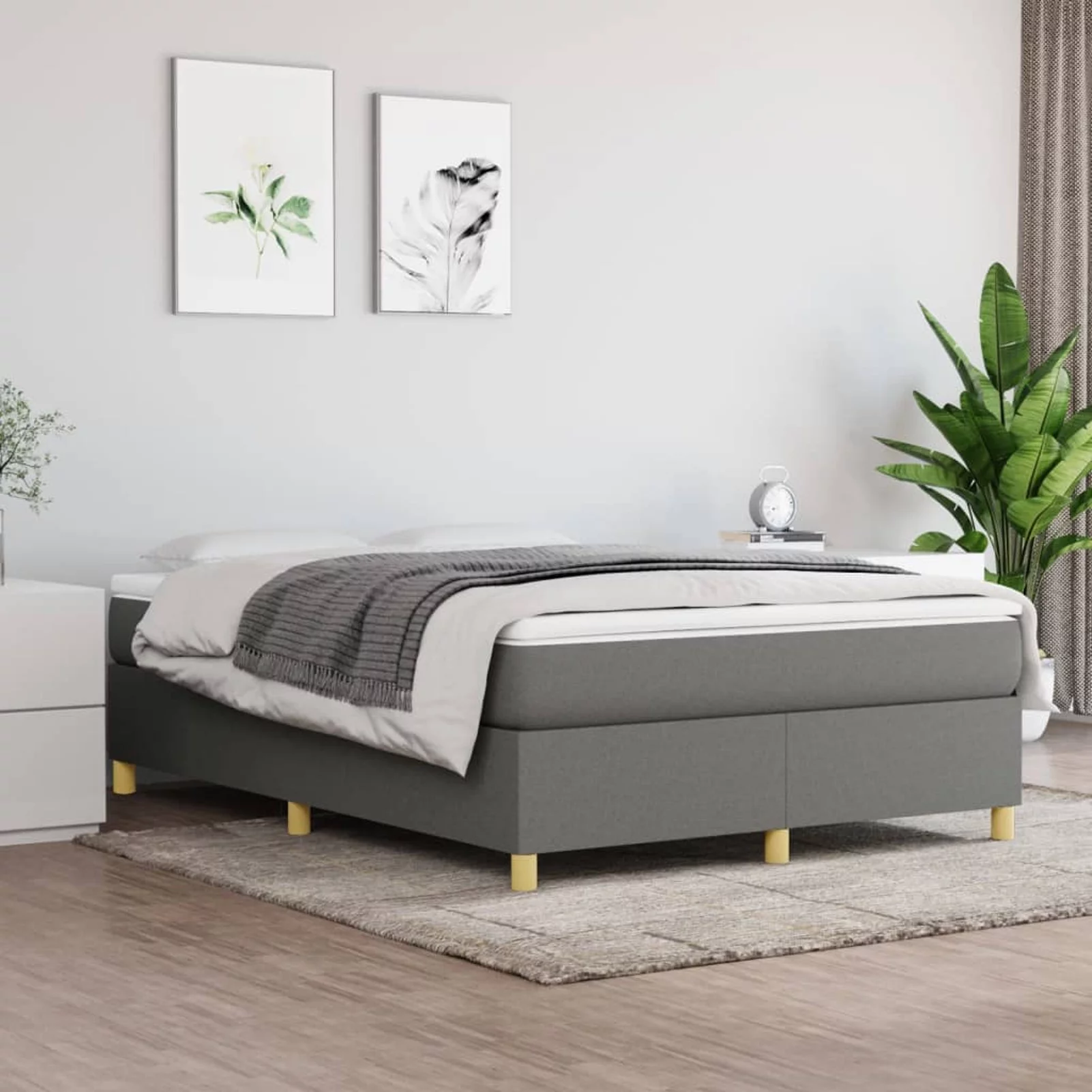 Dcenta Box Spring Queen Sizeed Frame with Mattress and Topper 81.1 x 59.8 x 13.8 Inch Fabric Platform Bed Frame Dark Gray for Bedroom