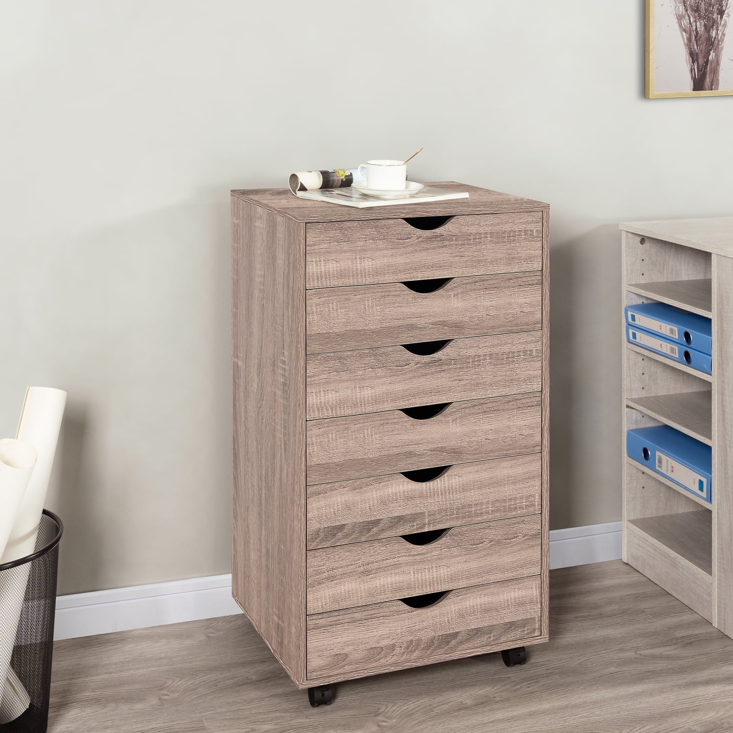 Debbie 7-Drawer Office Storage File Cabinet on Wheels, Mobile Under Desk Filing Drawer Unit, Craft Storage Organization for Home, Office- Vintage Oak