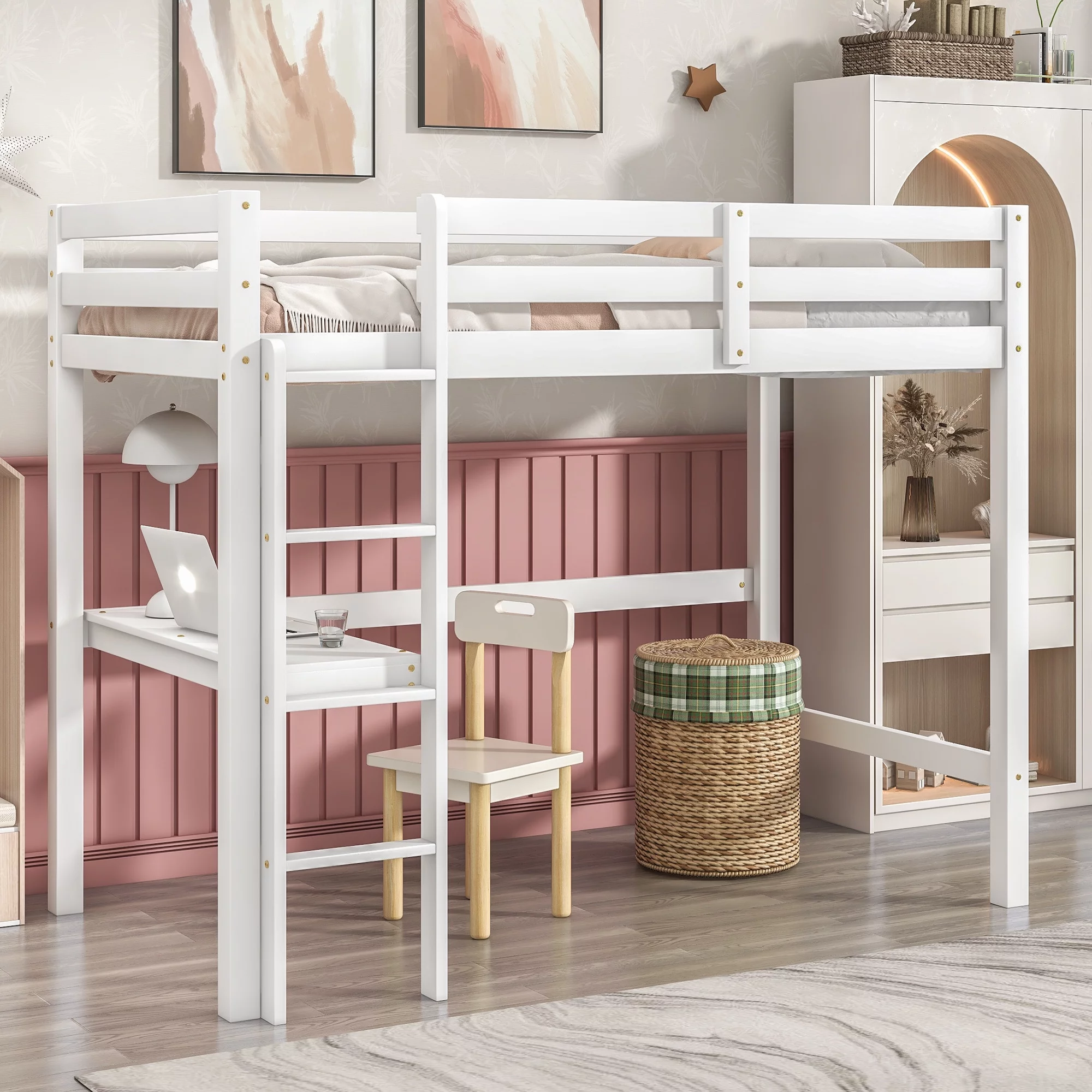 Gewnee Pine Wood Twin Size Loft Bed with Built-in Desk and Ladder for Kids Room,White