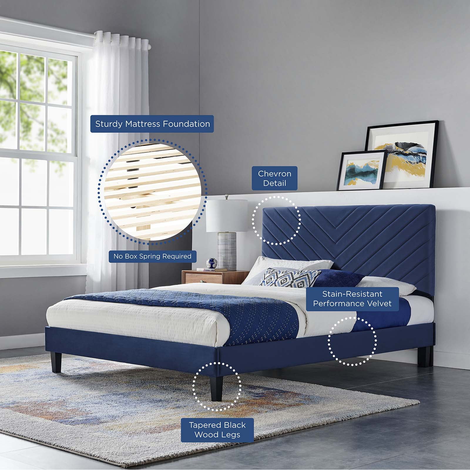 Platform Bed Frame, Twin Size, Blue Navy, Velvet, Modern Contemporary, Bedroom Master Guest Suite Room