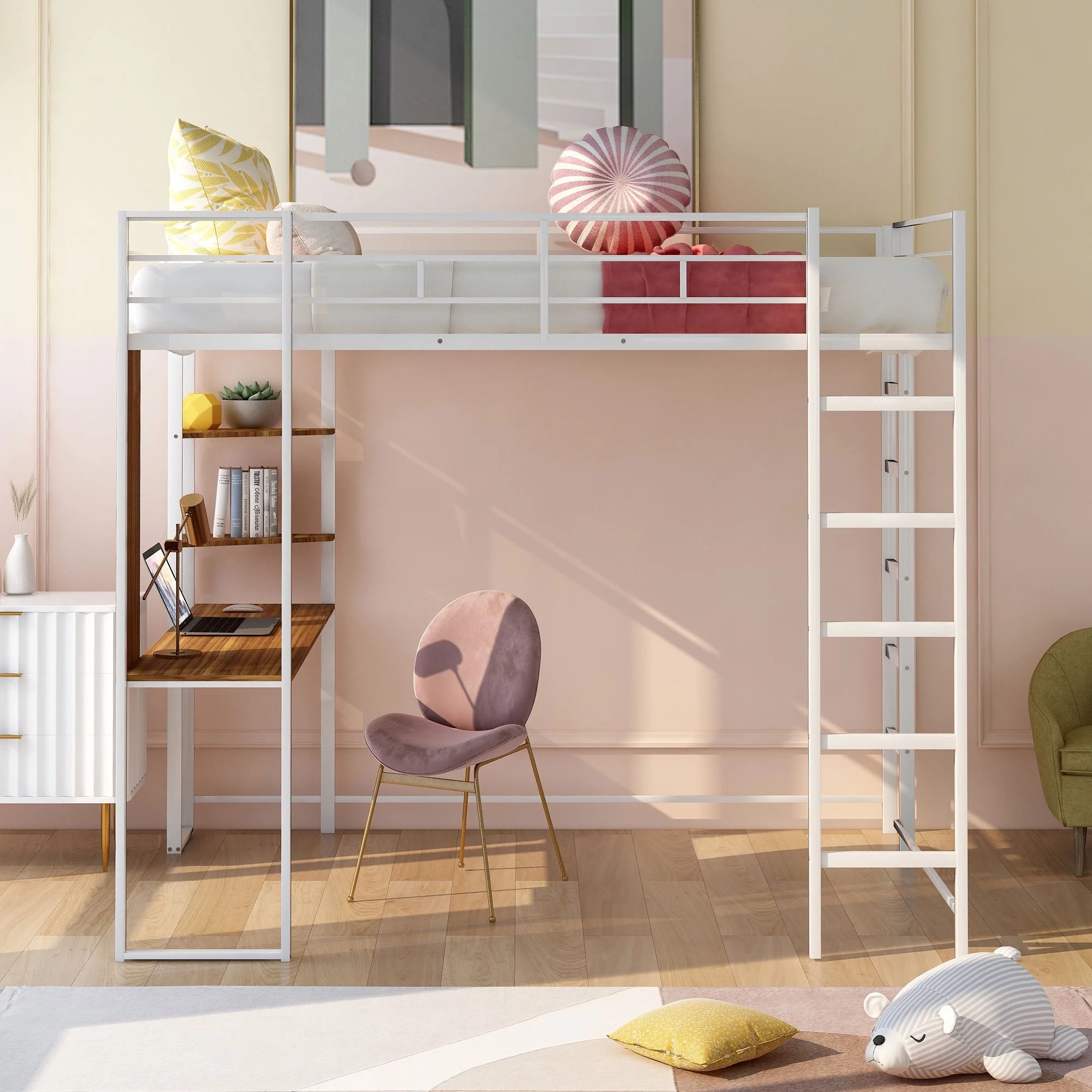 Gewnee Full Size Metal Loft Bed with Desk and Two Ladders for Kids and Teens,White
