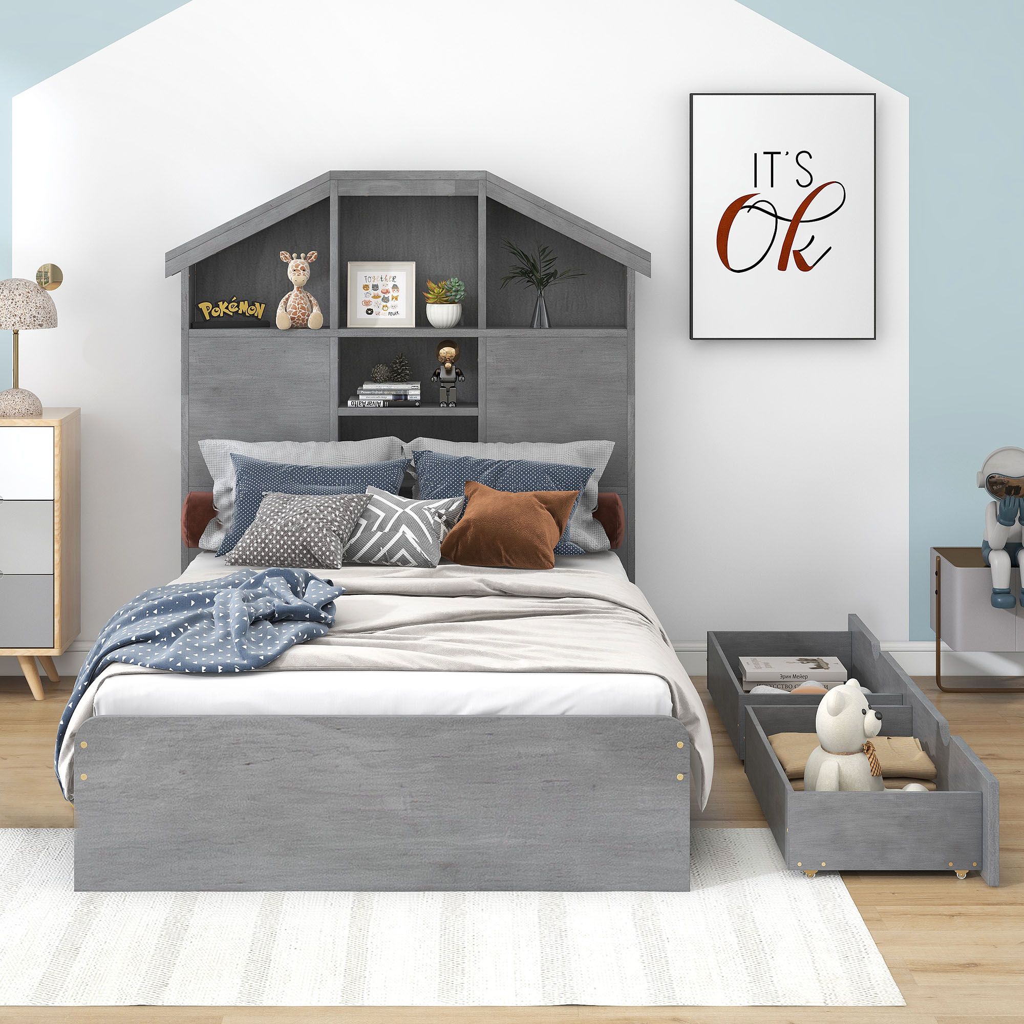Solid Wood Bed Frame with House-shaped Storage Headboard and 2 Drawers, Platform Bed Frame, Mid Century Bedframe, Wood Foundation(Gray, Twin)