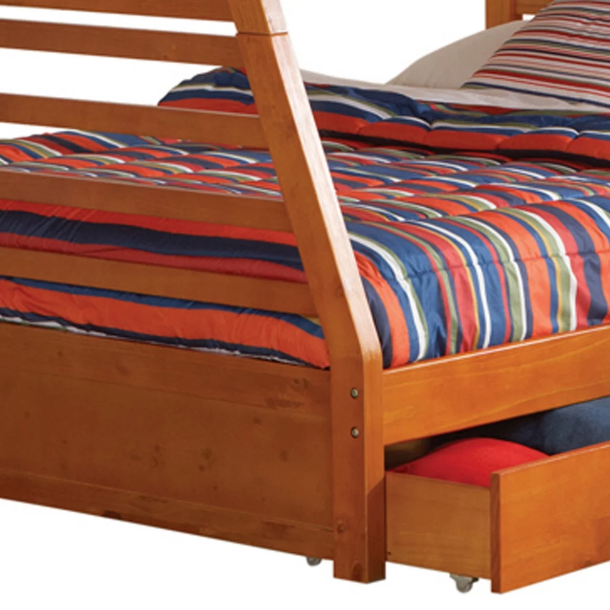 Wooden Twin Over Full Bunk Bed with Wheel Supported Bottom Drawers, Brown- Saltoro Sherpi