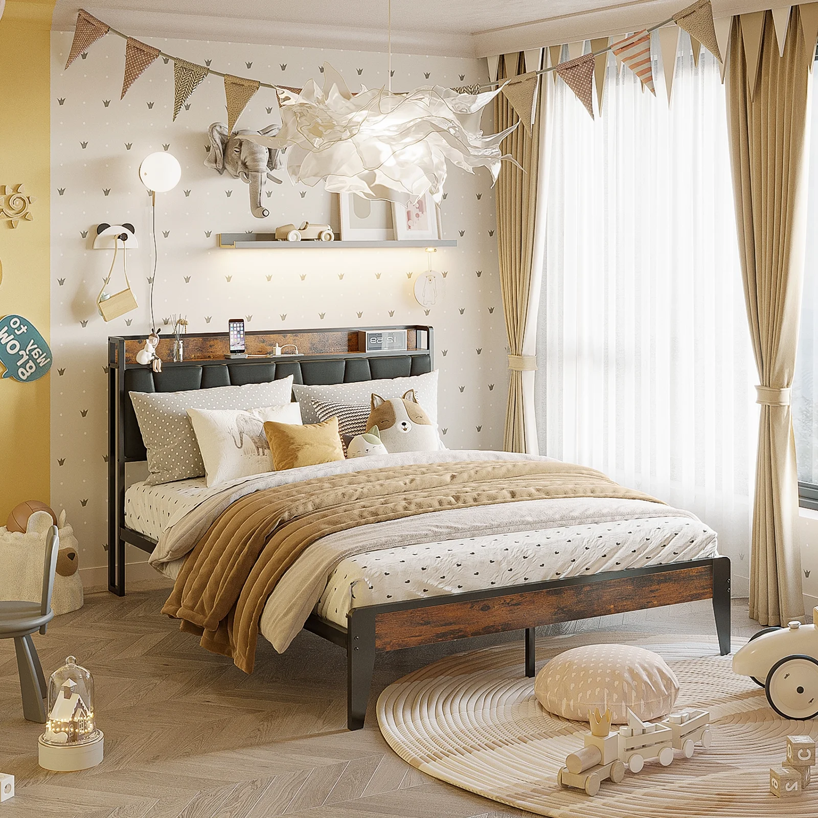 Oneinmil Queen Size Bed Frame Platform with Upholstered Headboard, 2 Charging Station and Outlets & USB, Rustic Brown