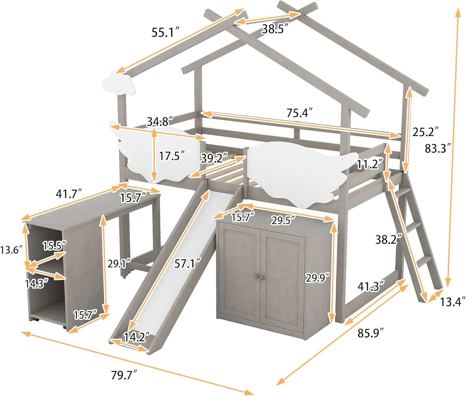Size House Loft Bed With Slide Ad Wardrobe, Kids Loft Bed With Pullable Desk With Storage, Loft Bed With Wig-Shaped Fece Ad Ladder For Girls Boys,Wor Gray White